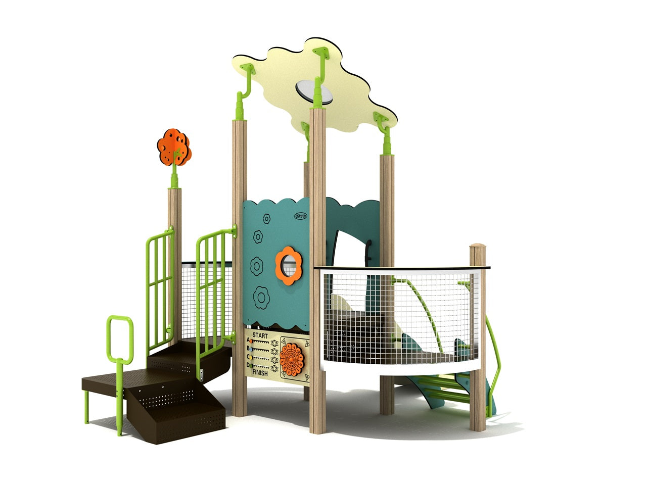 Compact playground structure with flower-shaped canopy, green railings, interactive panels, and curved slide for active play.