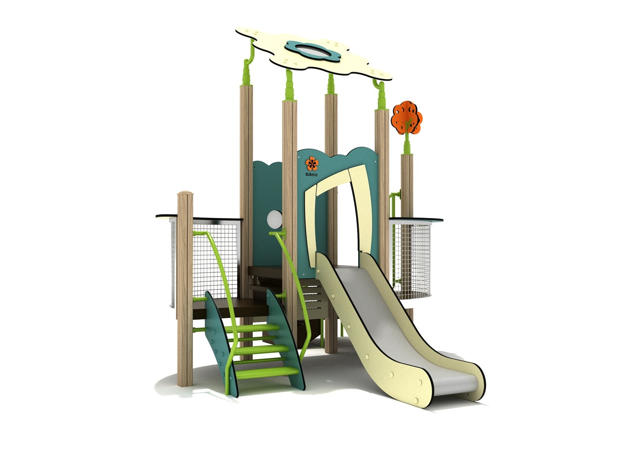 Gopherwood Canopy Quest Play Structure with flower-shaped roof, maple tree topper, stairs, transfer station, and smooth Quest Slide