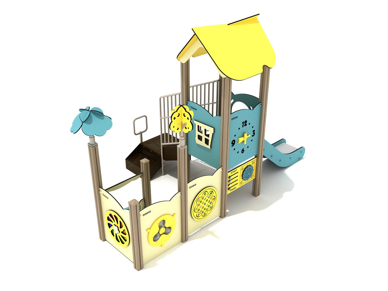 Custard Apple Canopy Quest Play Structure with colorful tactile panels, yellow split-panel roof, clock panel, and smooth blue Quest Slide