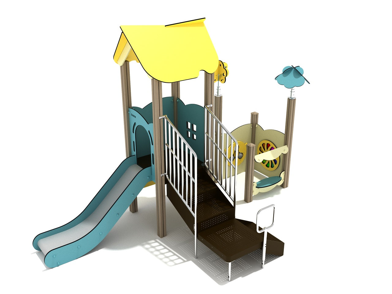 Compact commercial playground with yellow canopy, blue slide, tactile panels, and tree-shaped toppers for sensory-rich play.