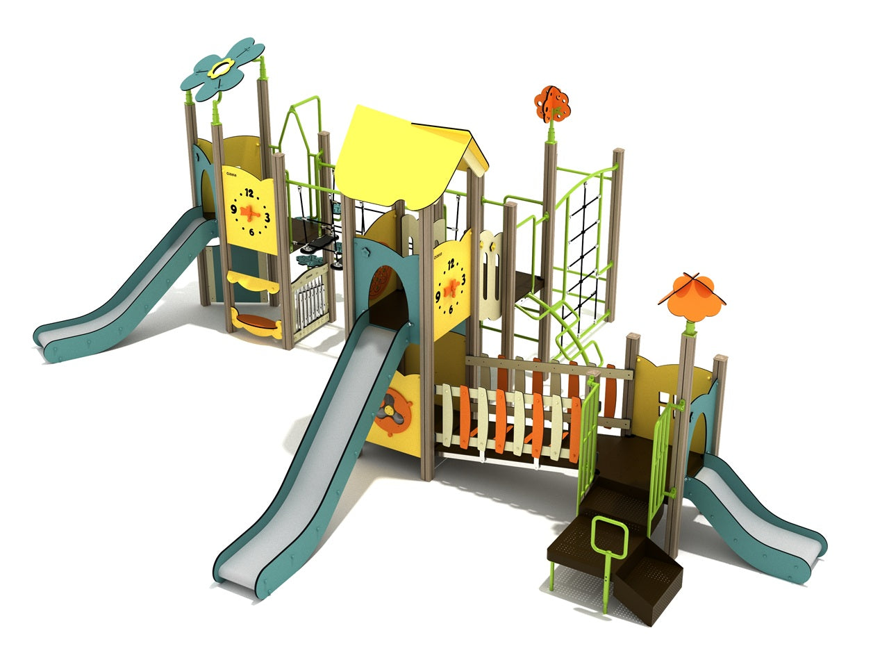 Colorful commercial playground with slides, suspension bridge, climbers, and interactive panels featuring clocks and floral accents