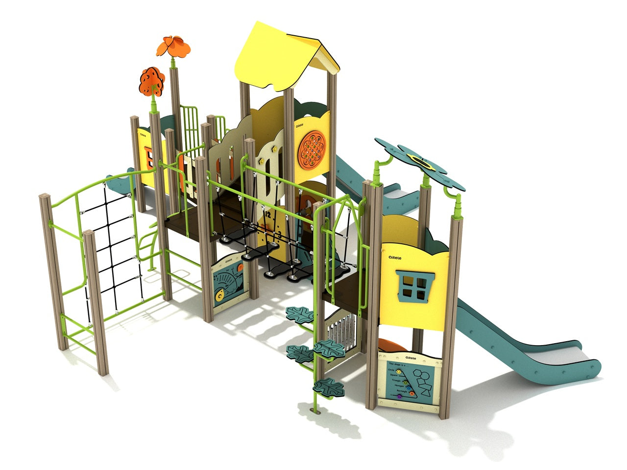 Pecan Hickory Canopy Quest Play Structure with slides, suspension bridge, climbers, interactive panels, and rooftop accents in green, yellow, and blue