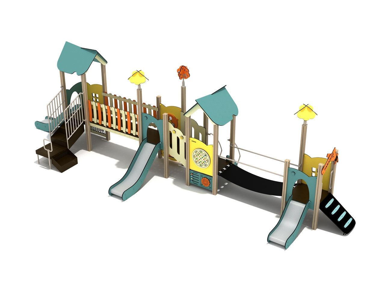 Oregon Cedar Canopy Quest Play Structure with slides, bridges, climber, and activity panels in woodland-themed design