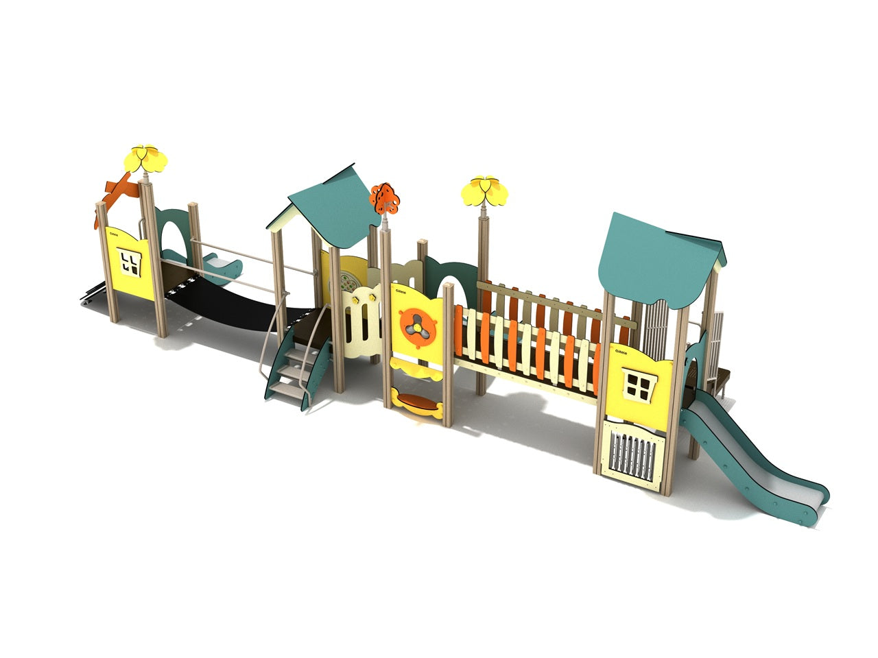Colorful commercial playground with slides, bridges, activity panels, and roofed platforms for inclusive outdoor play