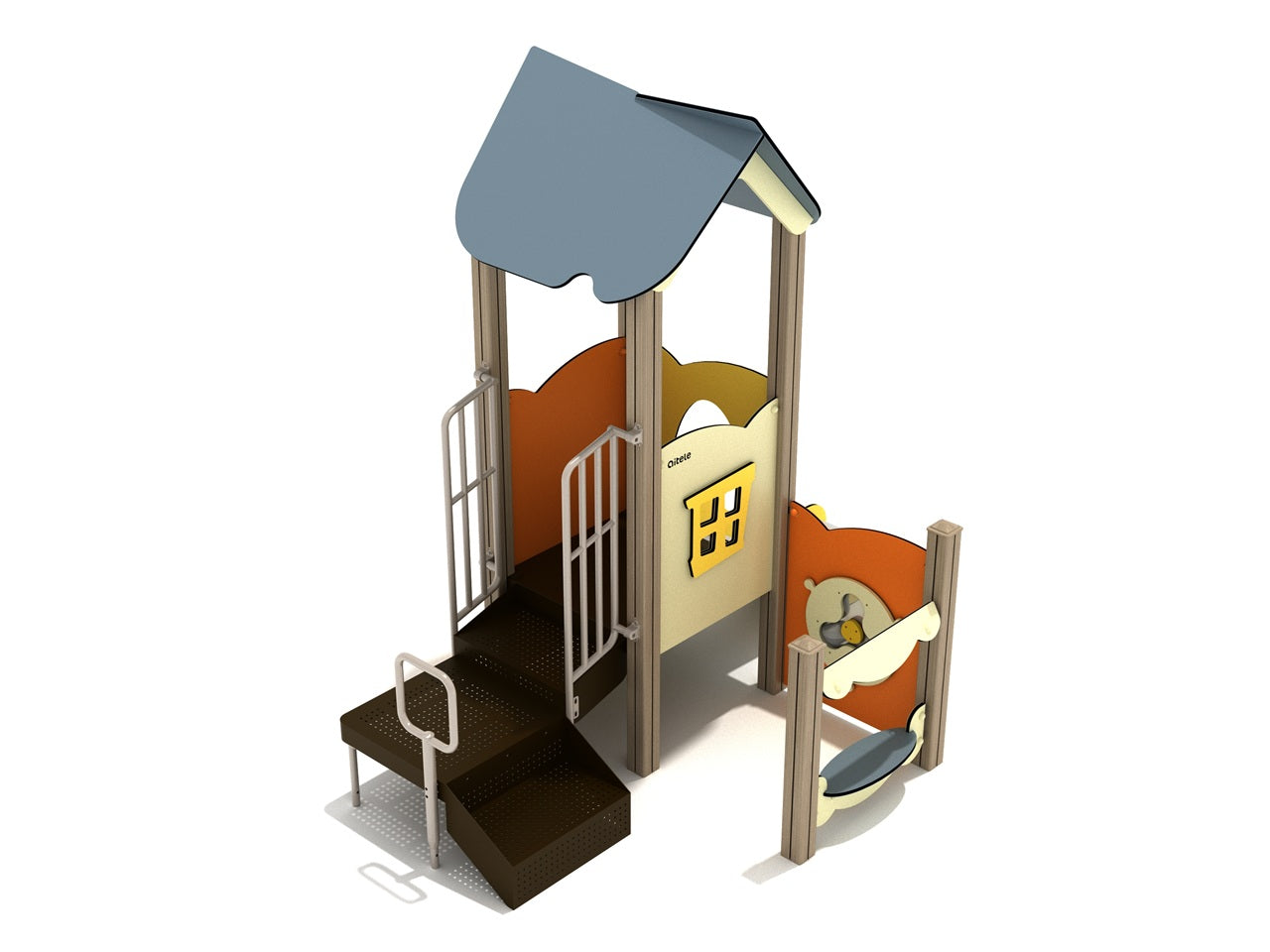 Compact children's play structure with blue canopy, orange and yellow panels, stairs, slide, sensory features, and interactive clock