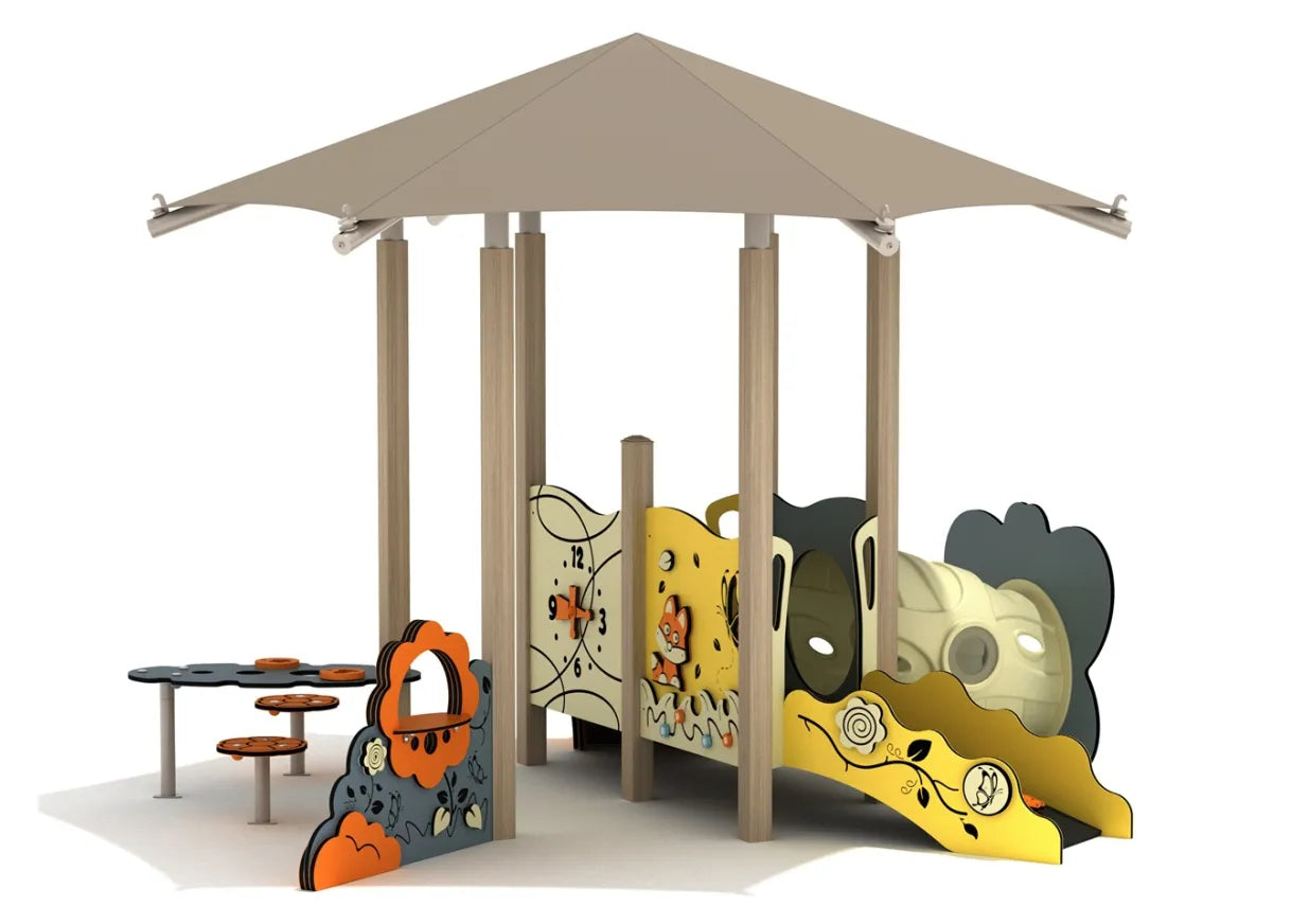Toddler play structure with beige canopy, colorful activity panels, tunnel, and small seating area for sensory and imaginative play