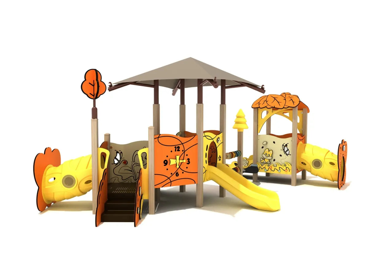 Toddler play structure with yellow slides, crawl tunnels, canopy, and interactive animal and nature-themed panels