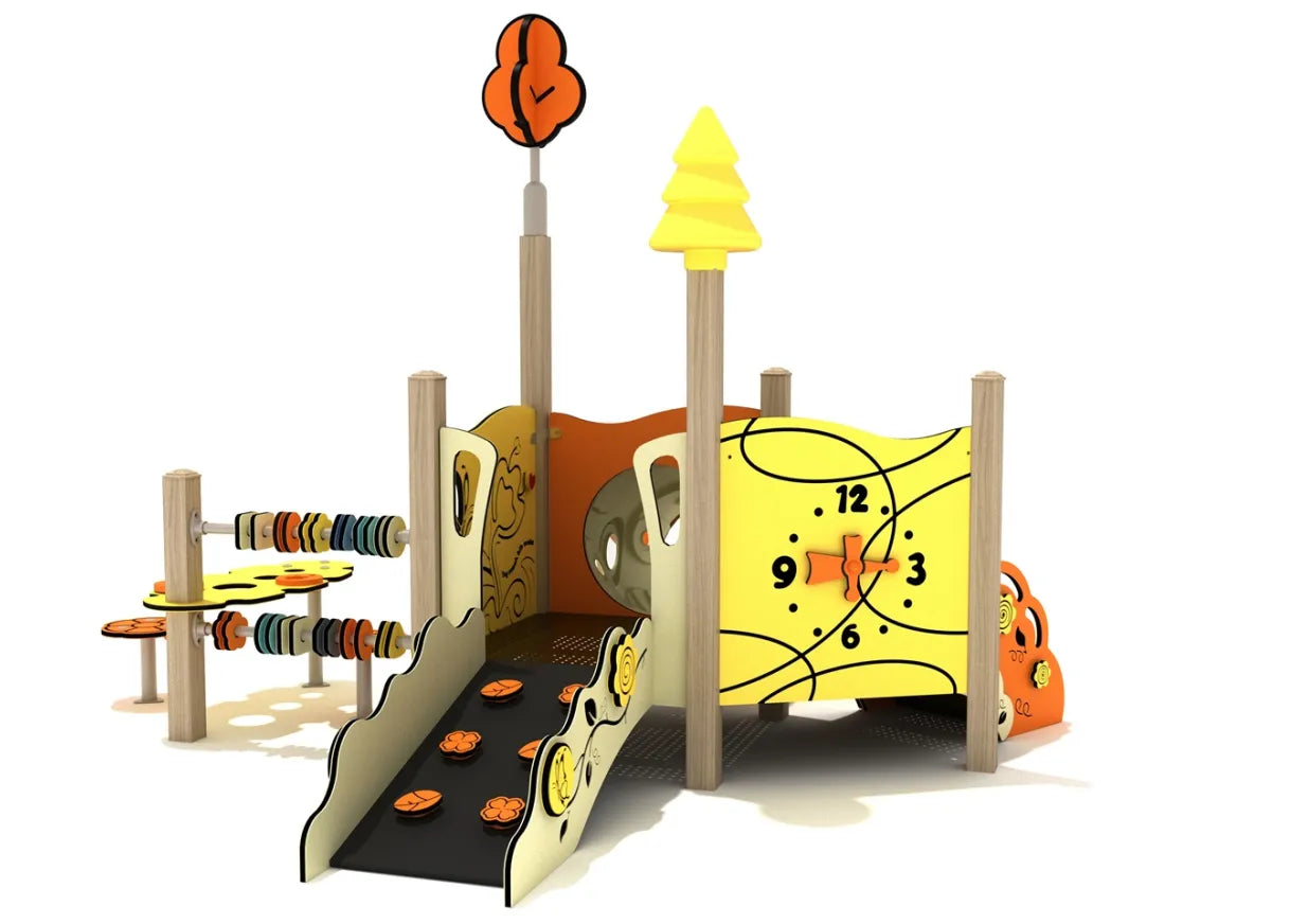 Toddler play structure with ramp, colorful tree-shaped posts, activity panels featuring clock and spinning rings