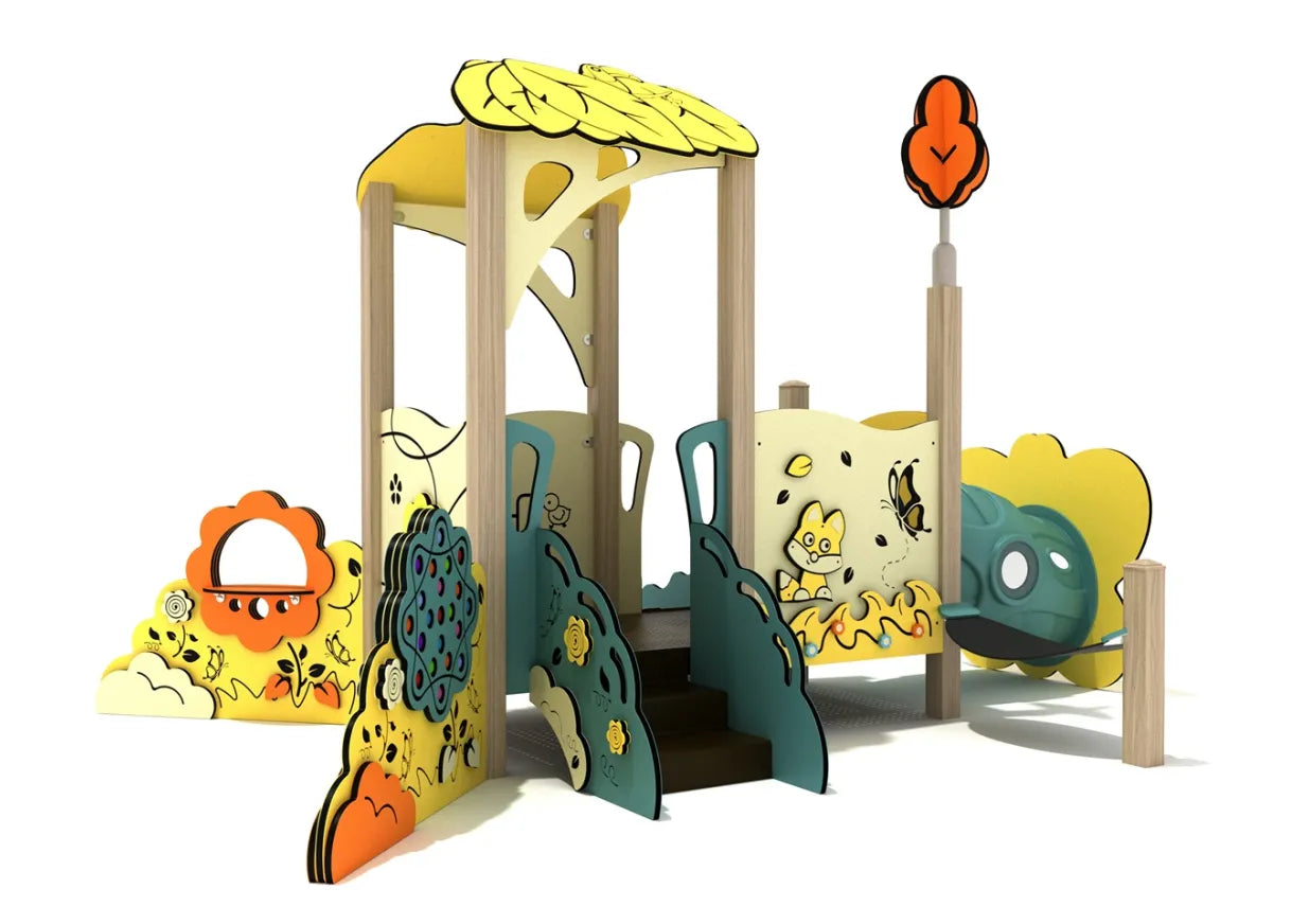Toddler play structure with yellow leaf canopy, crawl tunnel, animal and nature-themed panels, and a clock spinner