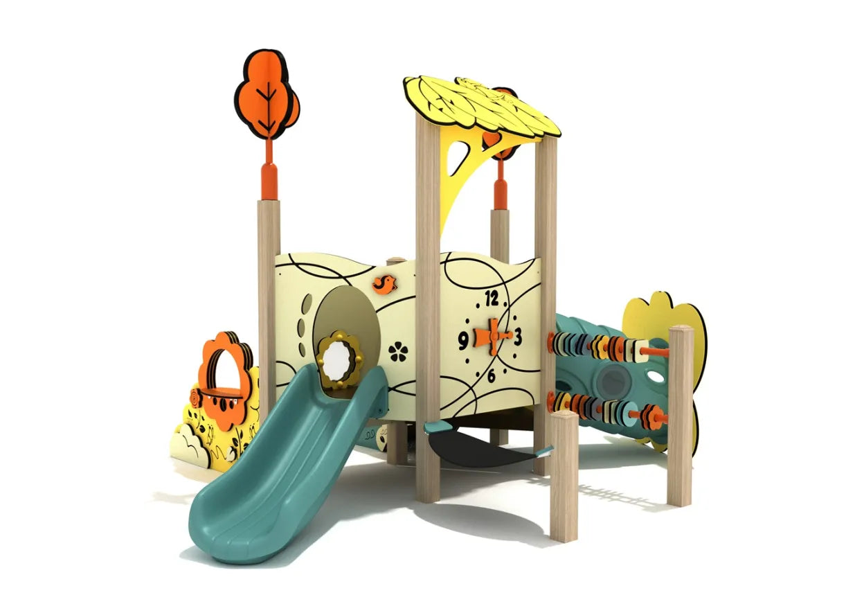 Toddler play structure with teal slide, yellow leaf canopy, orange tree accents, activity panels, and crawl tunnel.
