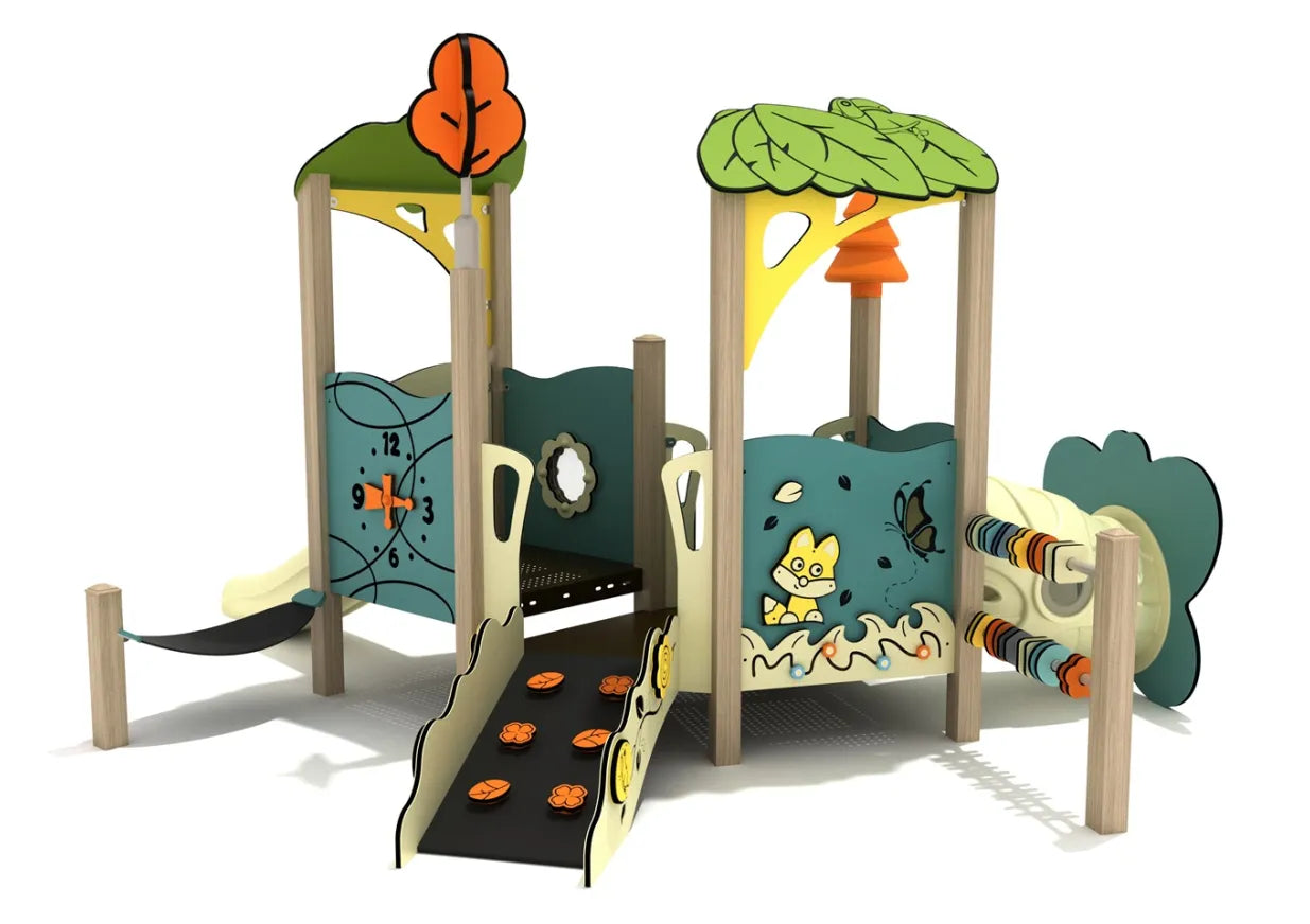 Toddler play structure with leaf canopies, crawl tunnel, slide, animal and clock activity panels, and abacus beads