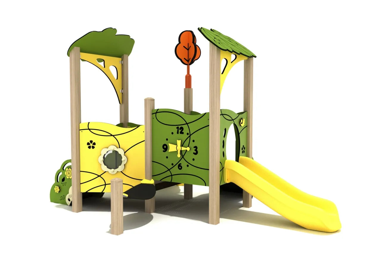 Toddler play structure with yellow slide, green and yellow panels, tree-shaped canopy, and interactive clock feature
