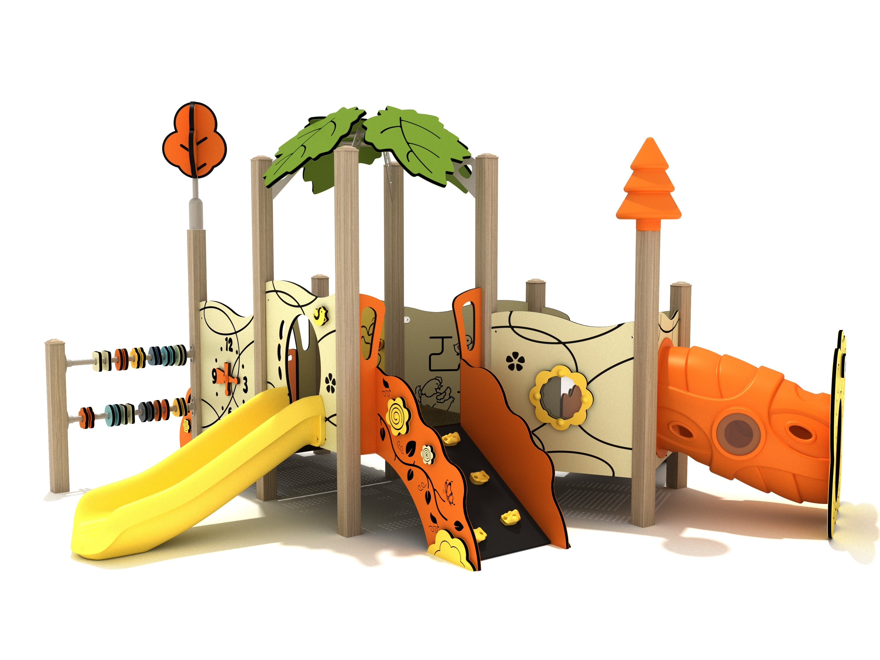 Toddler play structure with yellow slide, climbing wall, orange tunnel, activity panels, and green leaf canopy
