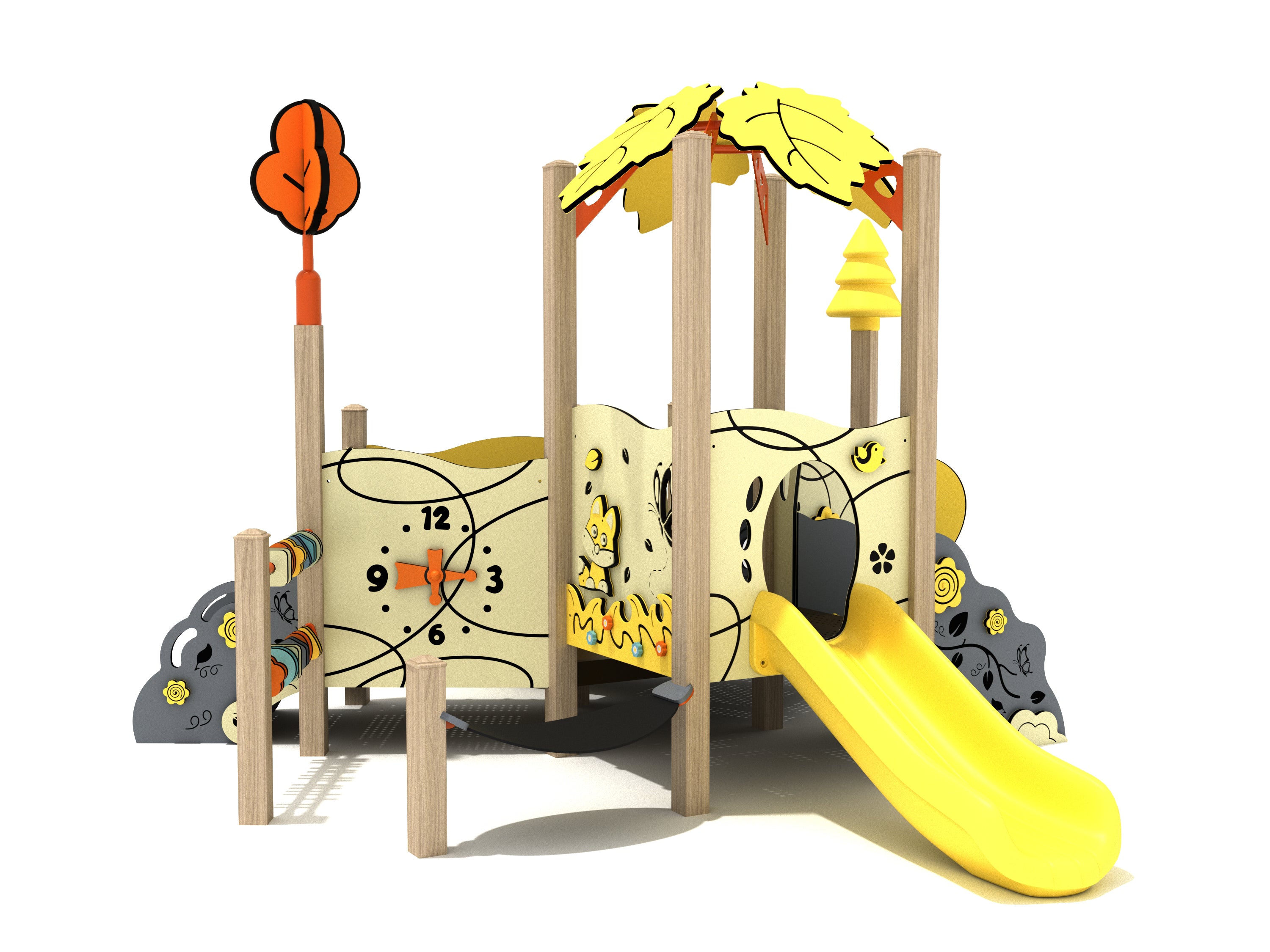 Toddler play structure with yellow slide, leaf canopy, nature-themed panels, interactive clock, and animal figures