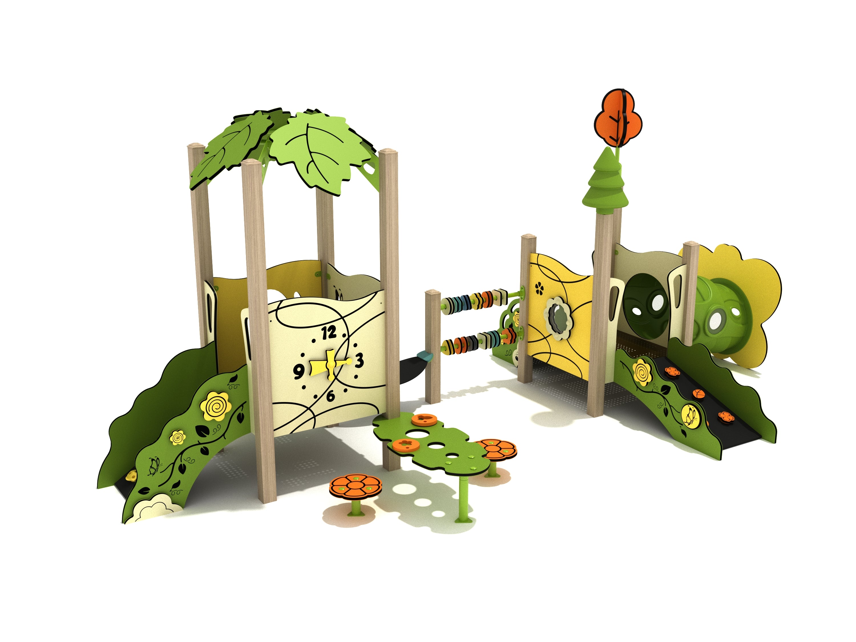Compact toddler play structure with nature-themed panels, leaf canopy, crawl tube, ramps, slide, and interactive flower and clock features