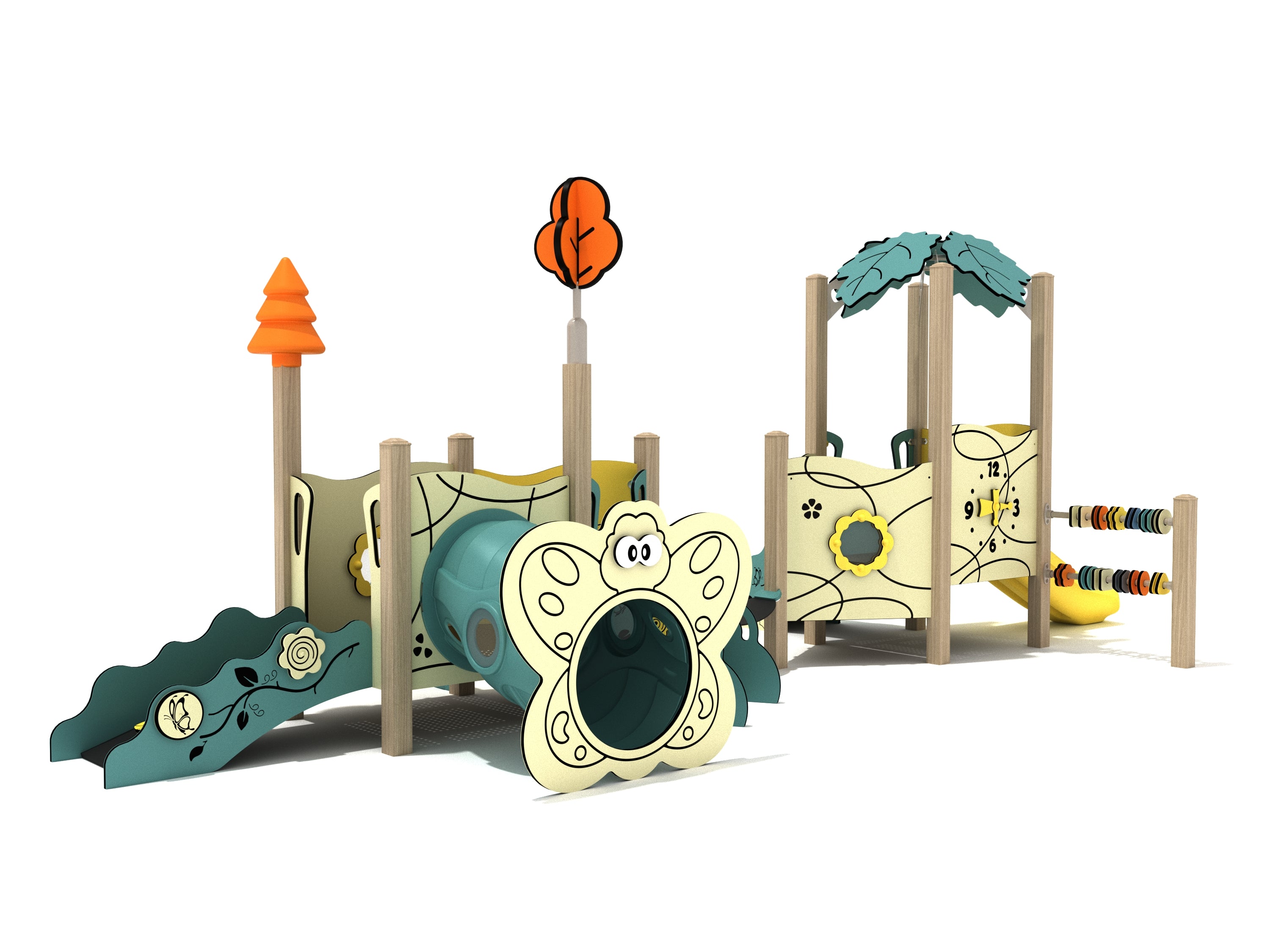 Star Anise Canopy Mini Play Structure with butterfly tunnel, leaf canopy, slide, and interactive nature-themed panels for toddlers