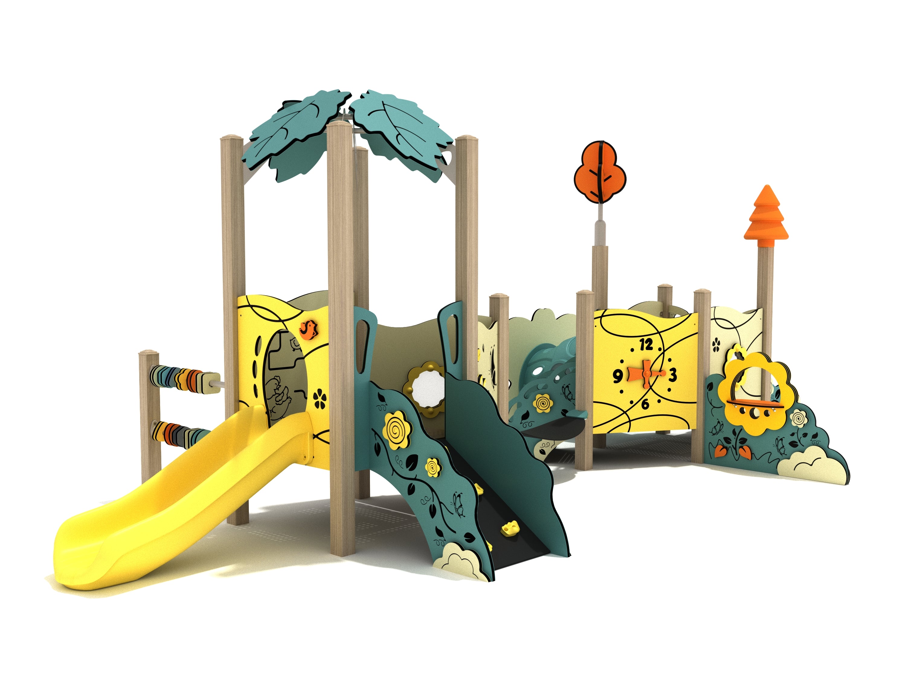 Toddler play structure with yellow slide, green climbing ramp, nature-themed panels, and interactive butterfly tunnel.