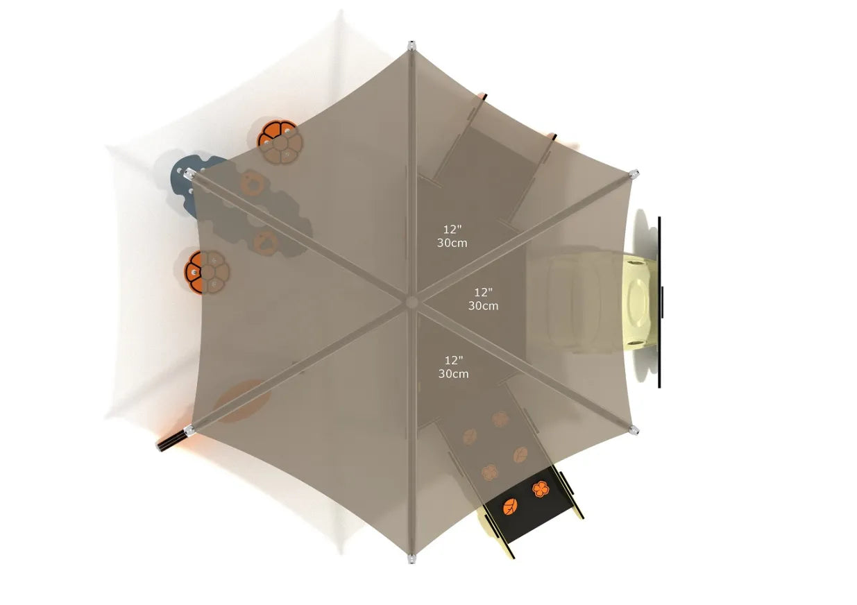 Overhead view of toddler play structure with lilac canopy, activity panels, and small tunnel for sensory and imaginative play