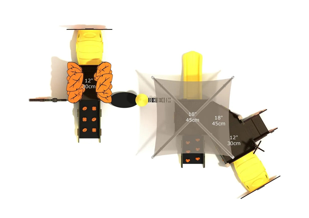 Overhead view of toddler play structure with yellow slides, brown platforms, orange leaf panels, and central canopy