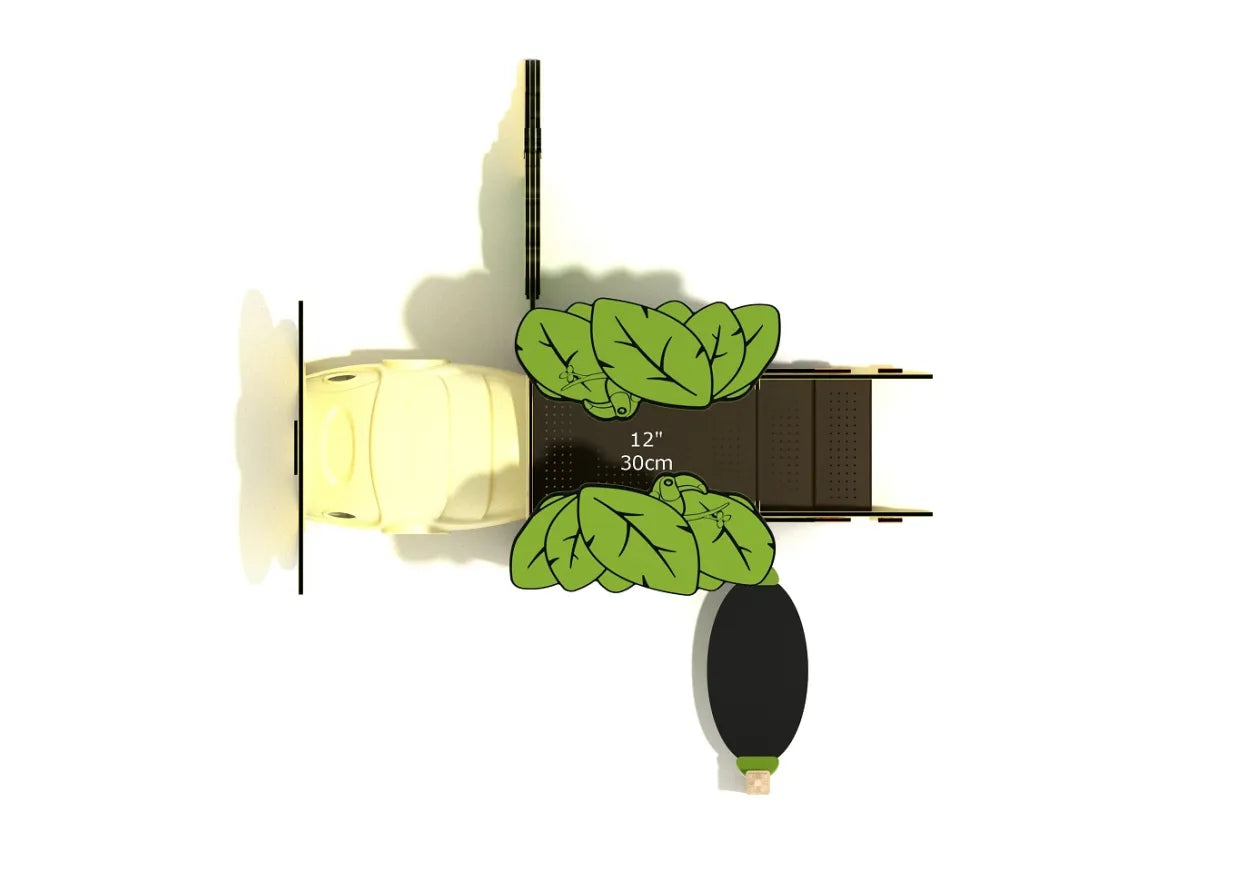 Overhead view of toddler play structure with leaf-themed panels, crawl tunnel, and yellow car-shaped entry