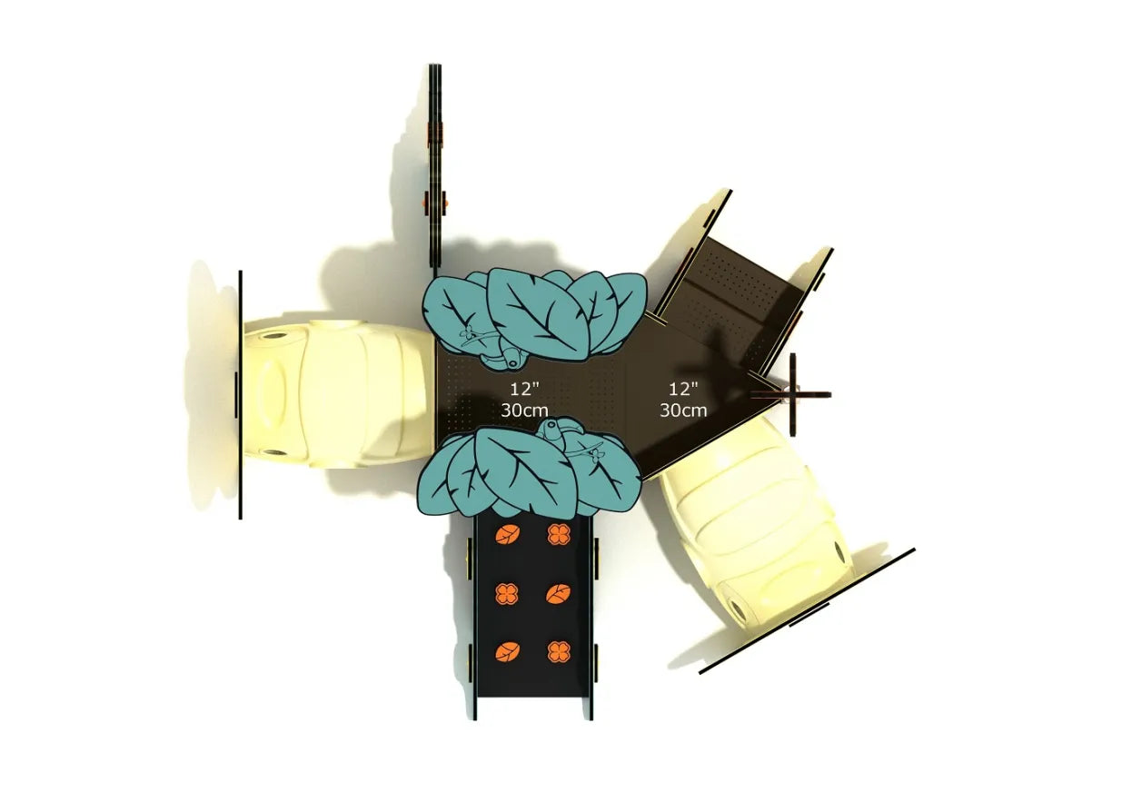 Overhead view of toddler play structure with leafy canopy, tunnels, and nature-themed activity panels featuring animal and plant graphics