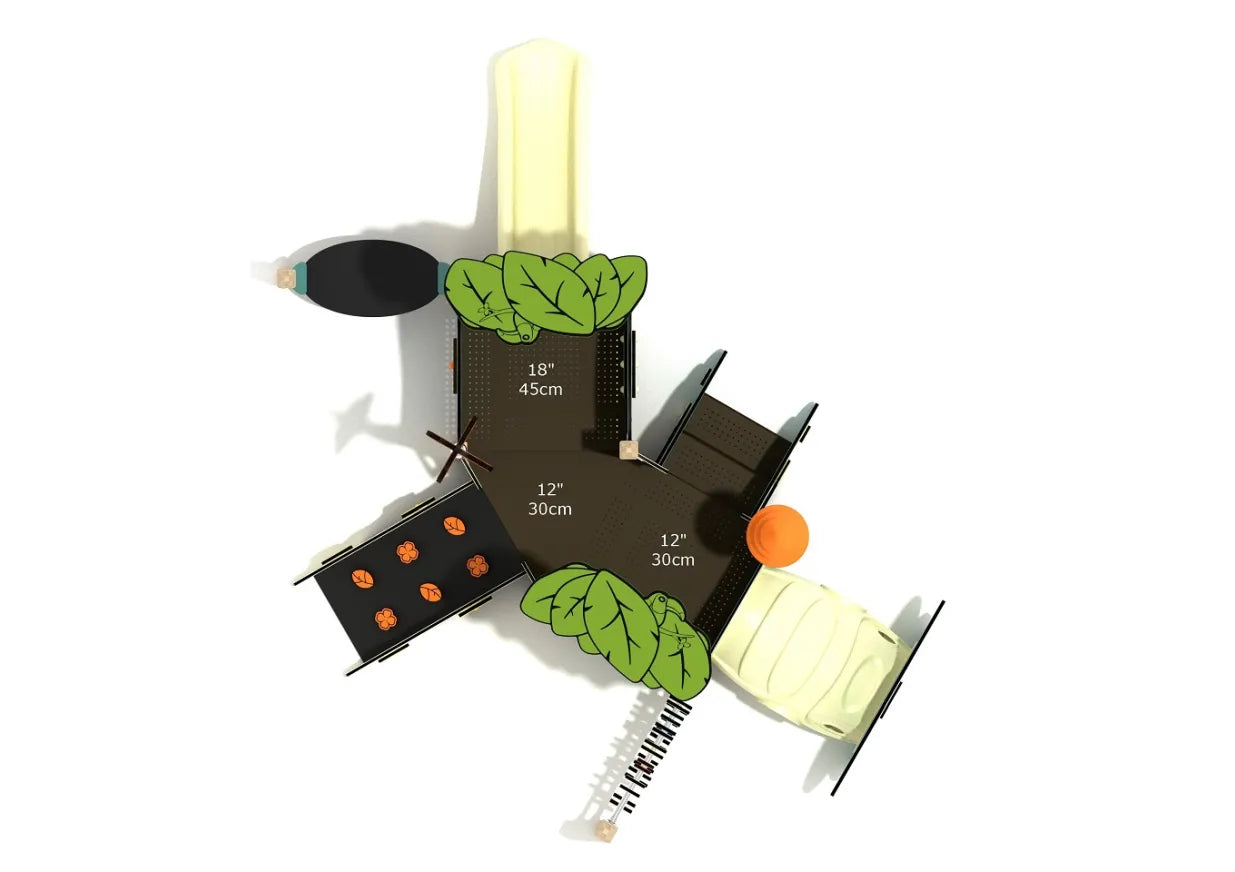 Overhead view of toddler play structure with canopy, crawl tunnel, slide, activity panels, and leaf decorations