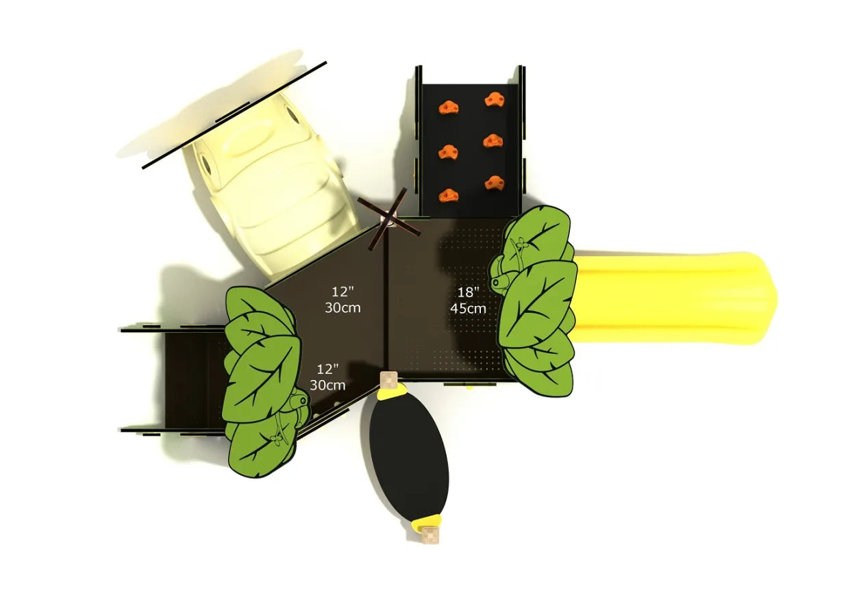 Overhead view of toddler play structure with yellow slide, climbing wall, crawl spaces, and green leaf canopies