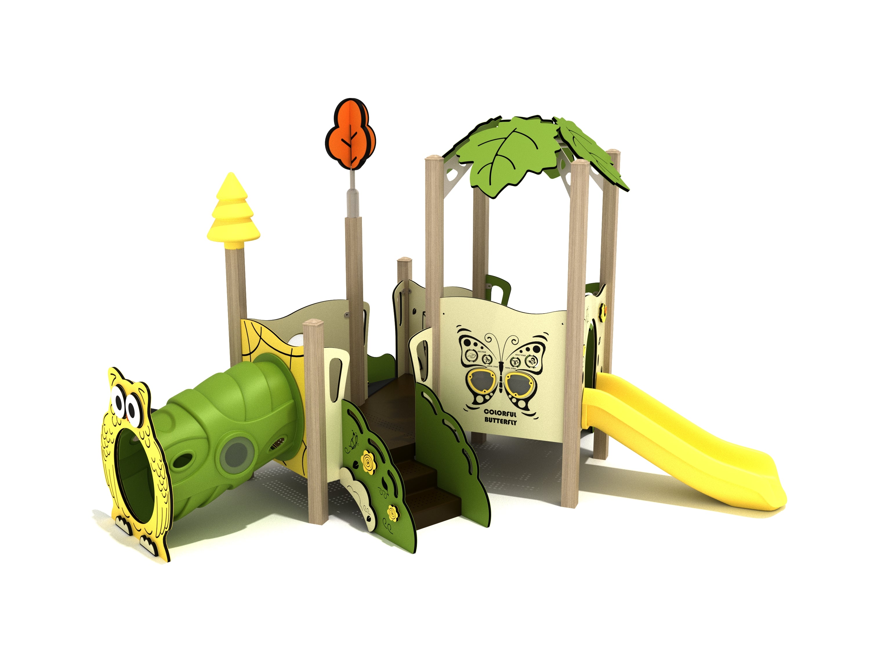 Toddler play structure with green owl tunnel, yellow slide, leaf canopy, butterfly graphics, and nature-themed panels