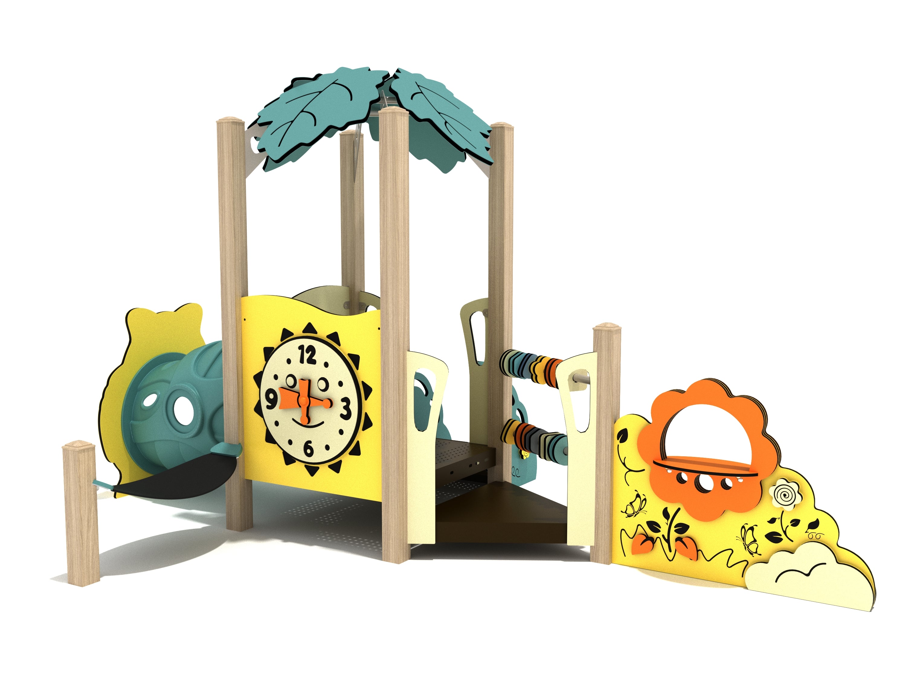 Toddler play structure with banana leaf canopy, colorful activity panels featuring a clock face, shape sliders, and a crawl tunnel.