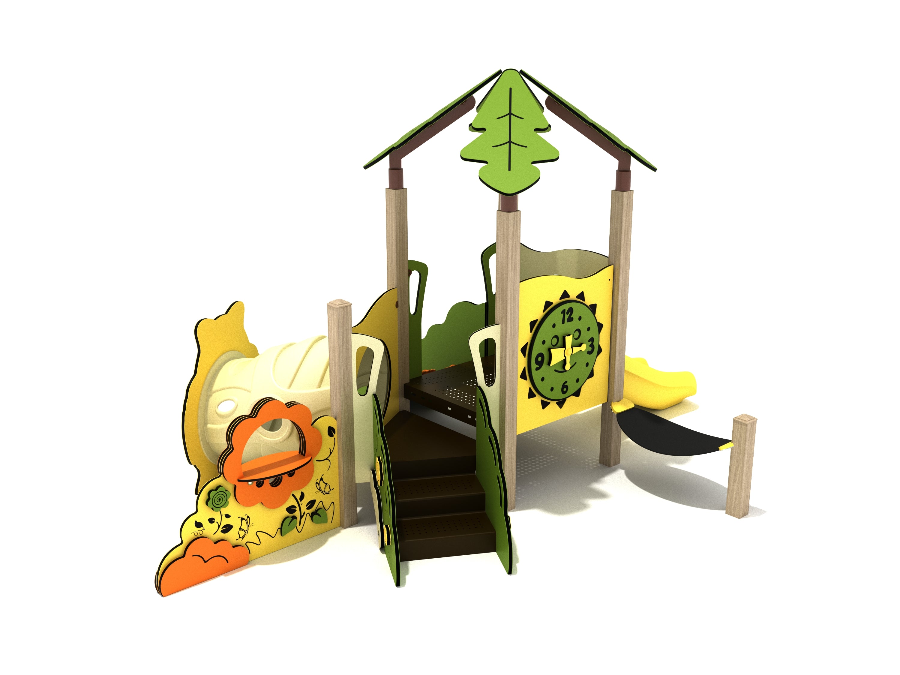 Toddler play structure with green, yellow, and orange nature-themed panels, canopy, clock face, slide, and climbing steps