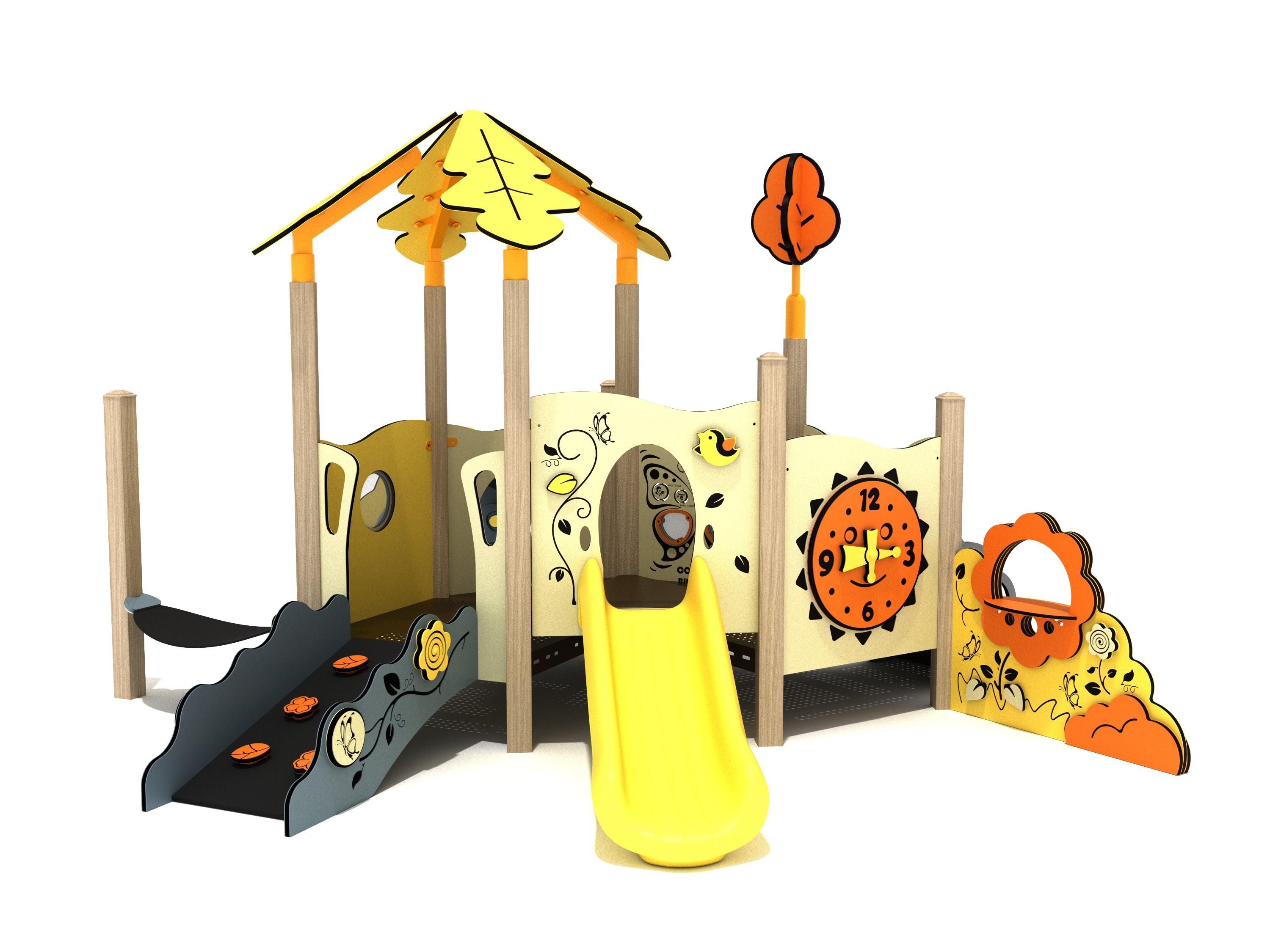 Toddler play structure with yellow slide, leaf-shaped canopy, interactive clock panel, ramp with flower handholds, and nature-themed graphics