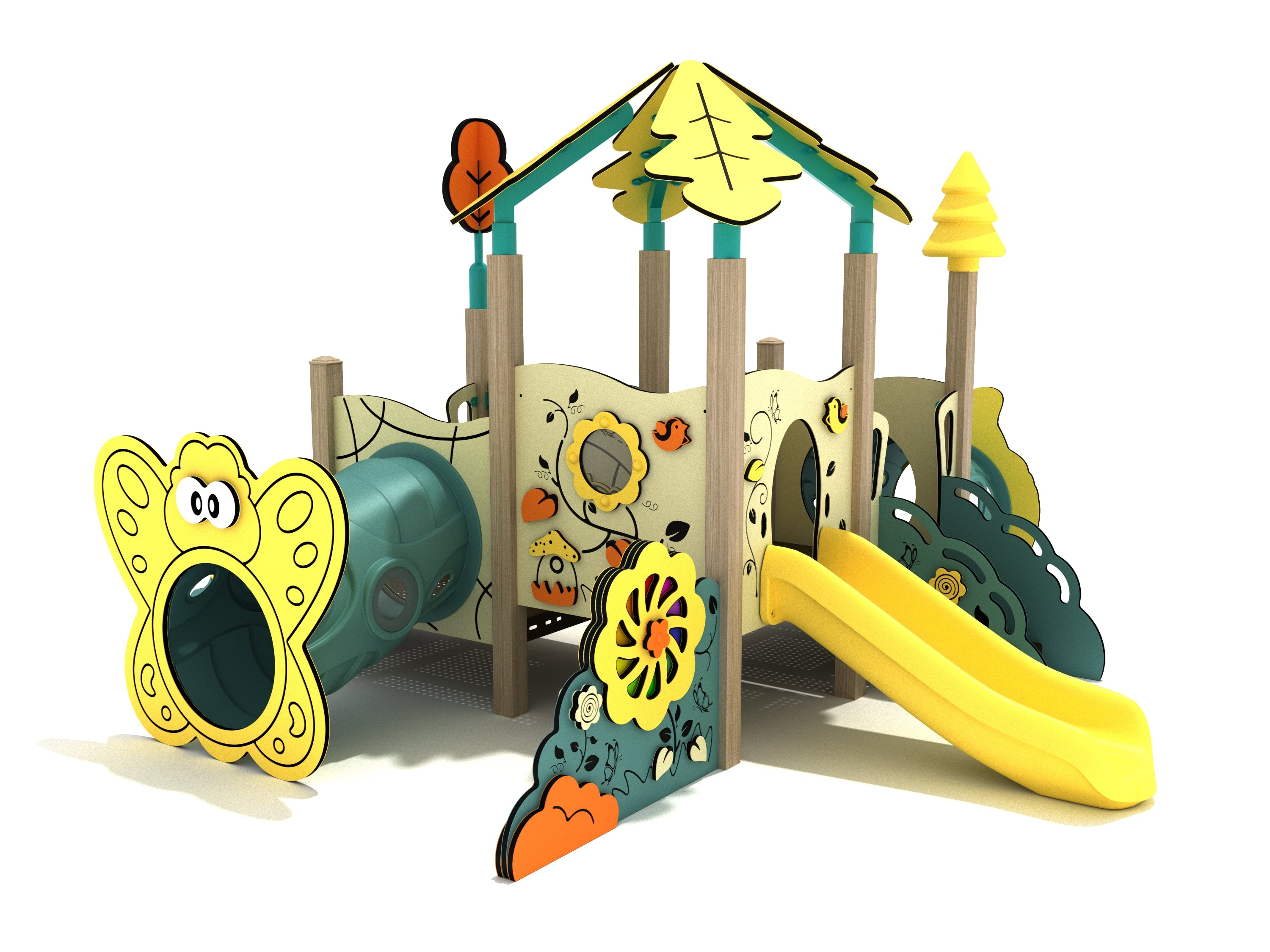 Toddler play structure with yellow slide, crawl tube, and forest-themed panels featuring flowers and trees