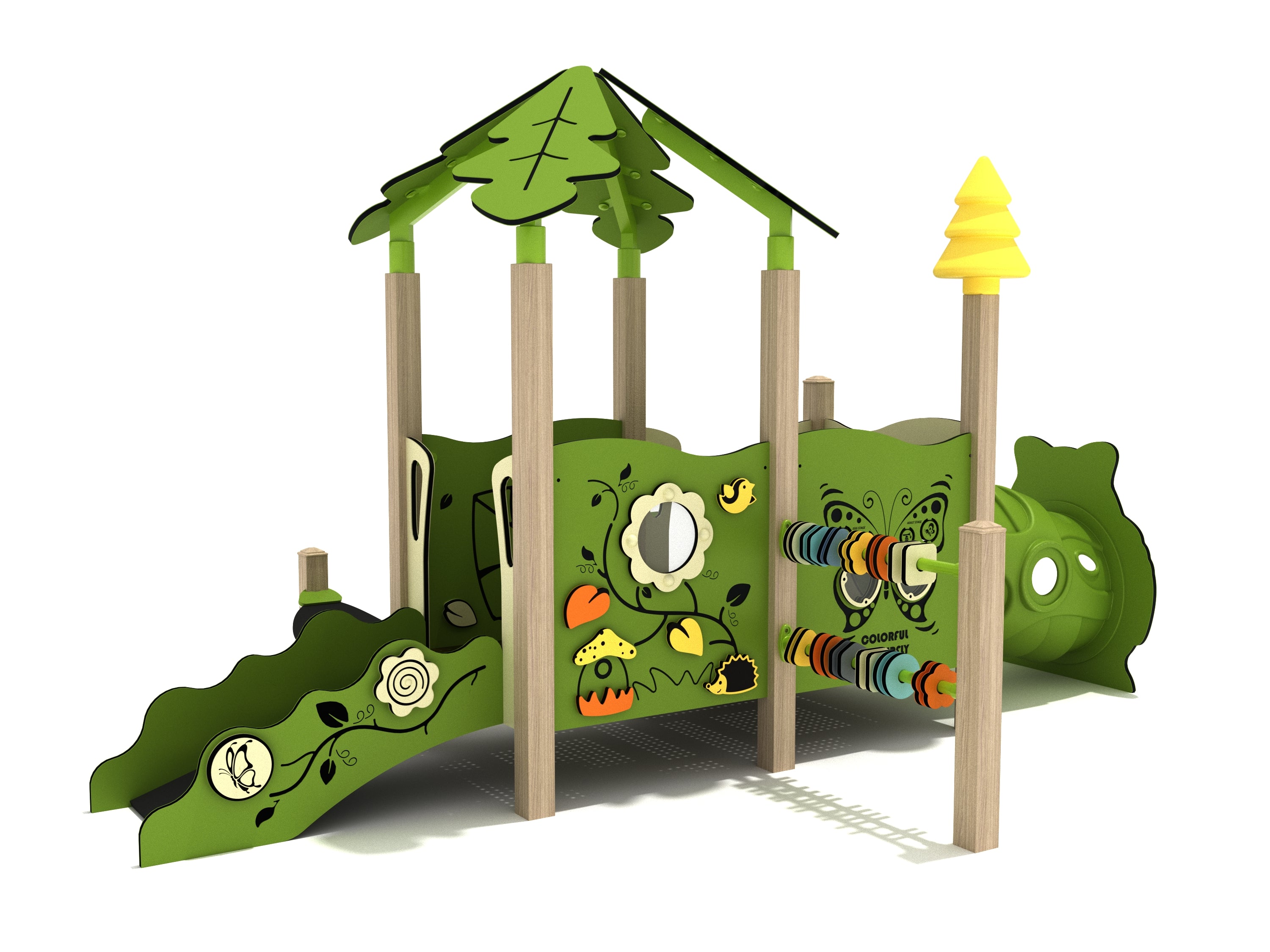 Toddler play structure with green nature-themed panels, canopy roof, tunnel, and colorful activity beads
