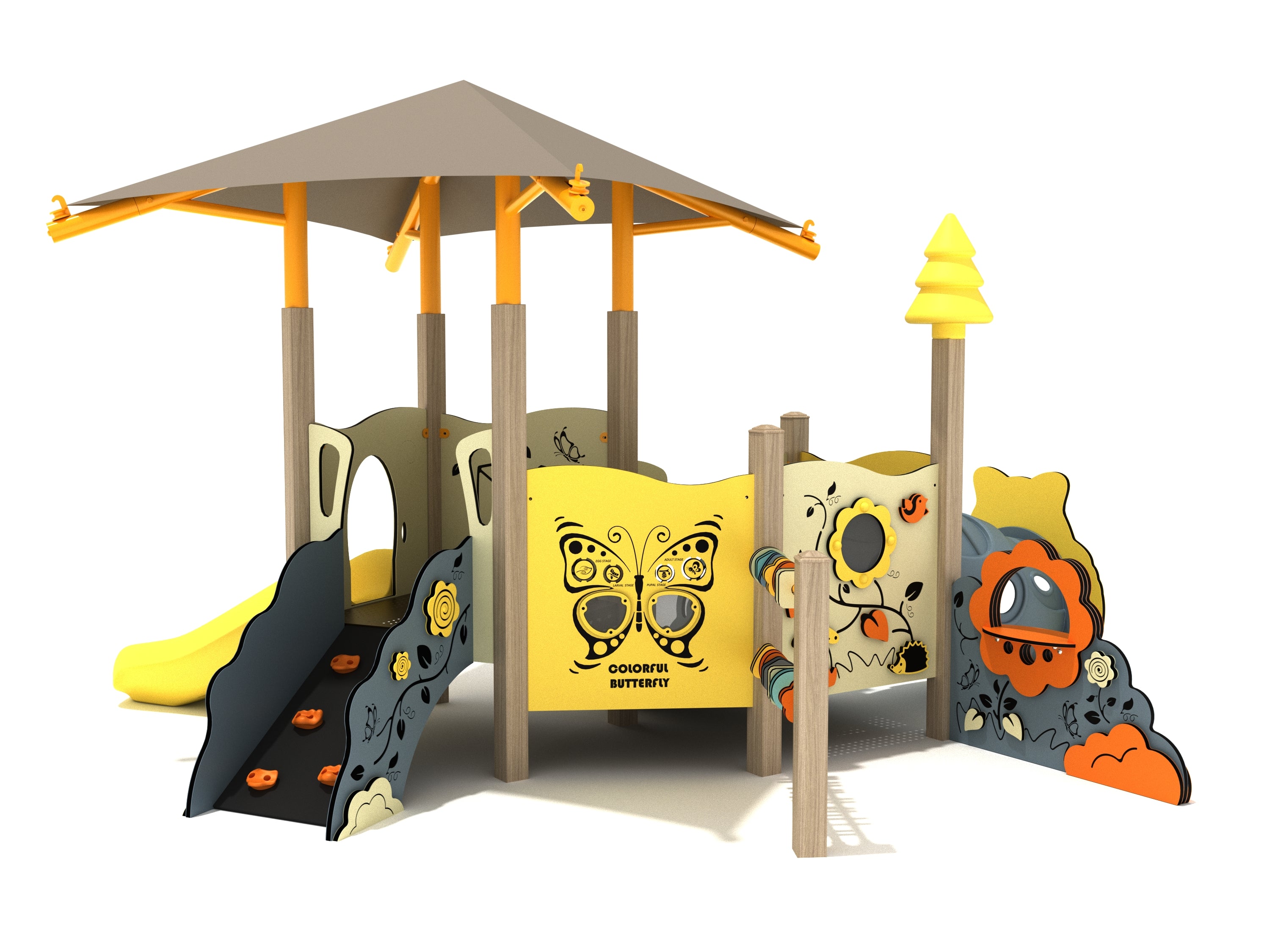 Toddler play structure with shaded canopy, butterfly-themed panels, crawl tube, climber, and slide in yellow, orange, and gray tones