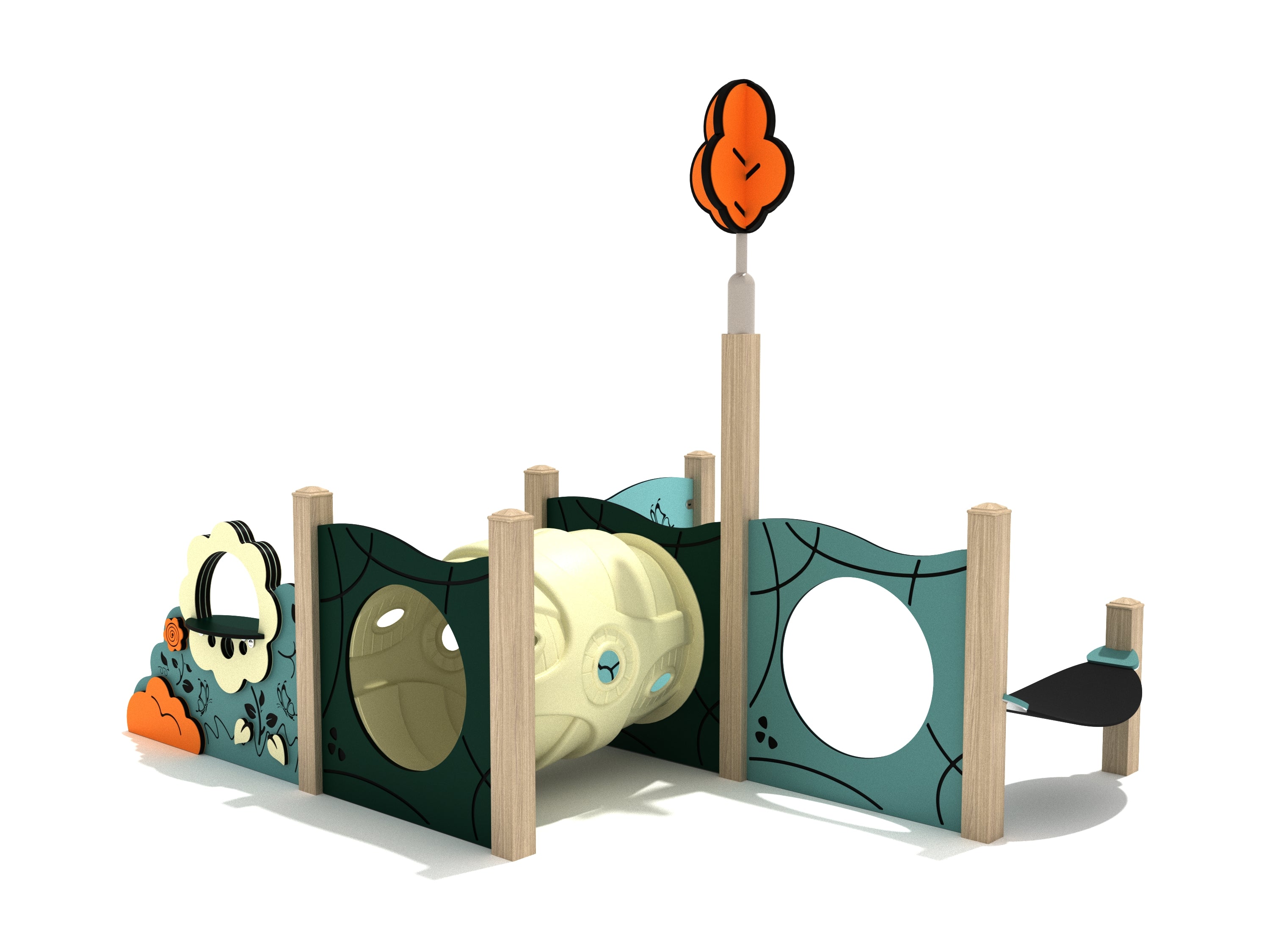 Juniper Canopy Mini Play Structure with colorful board panels, crawl-through tube, playful tree canopy, and toddler-friendly design