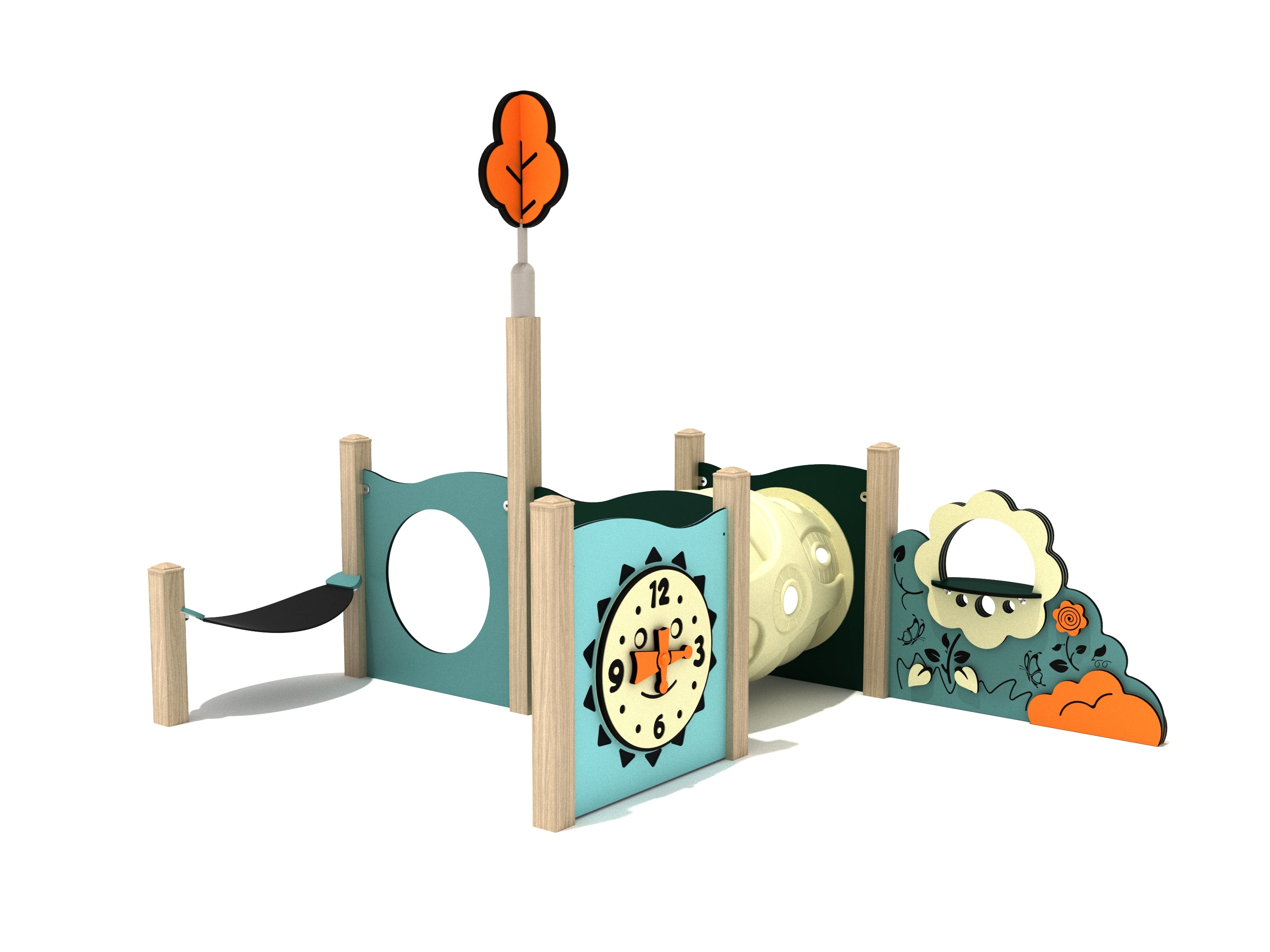 Toddler play structure with colorful panels, interactive clock, crawl tunnel, hammock, and canopy-themed decorations