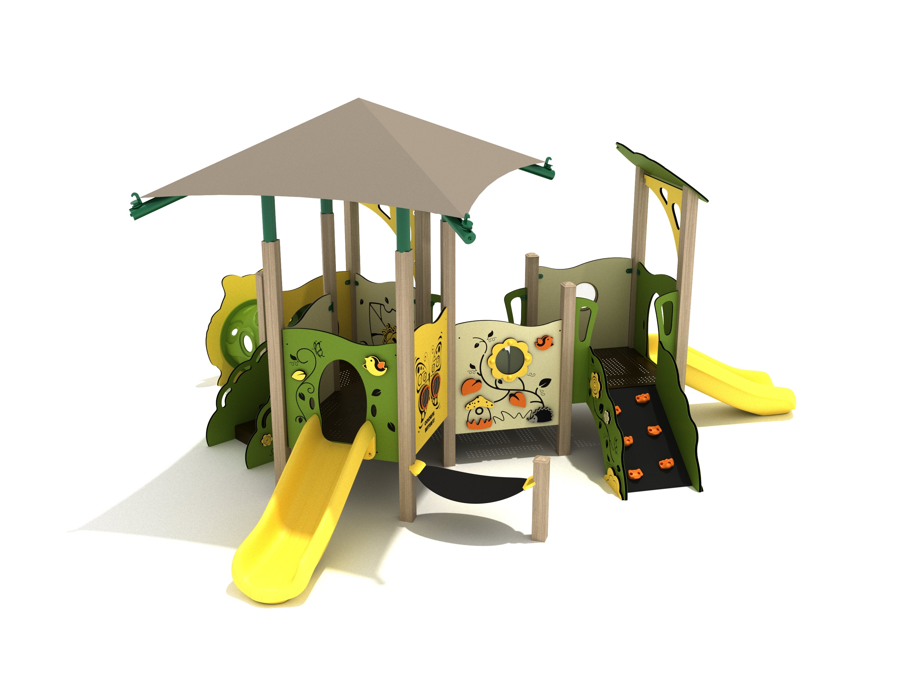 Toddler play structure with green and yellow panels, canopy roof, two slides, climbing wall, and nature-themed interactive designs.