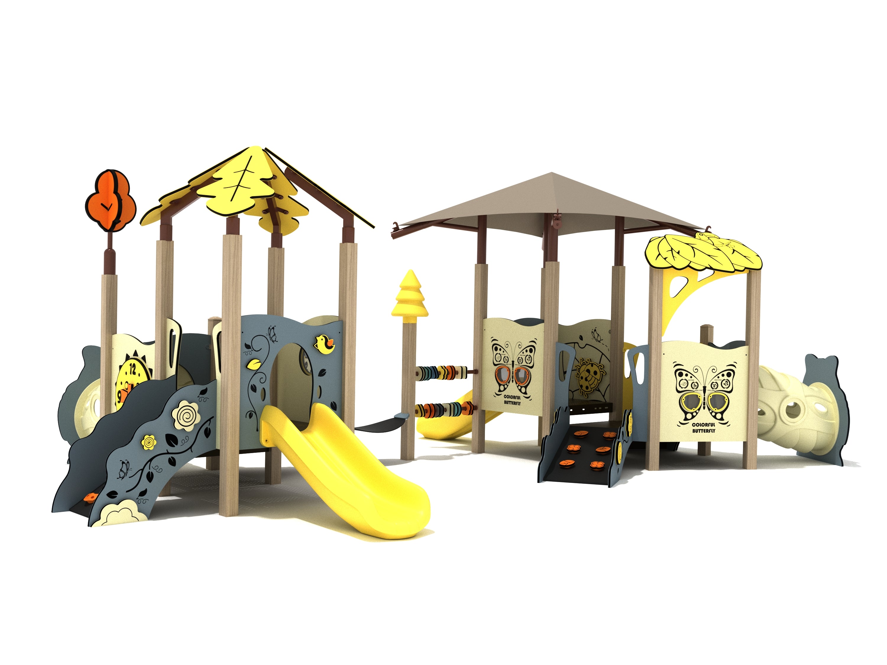 Hydrangea Canopy Mini Play Structure with yellow slides, butterfly panels, climbing features, and nature-inspired toddler play design