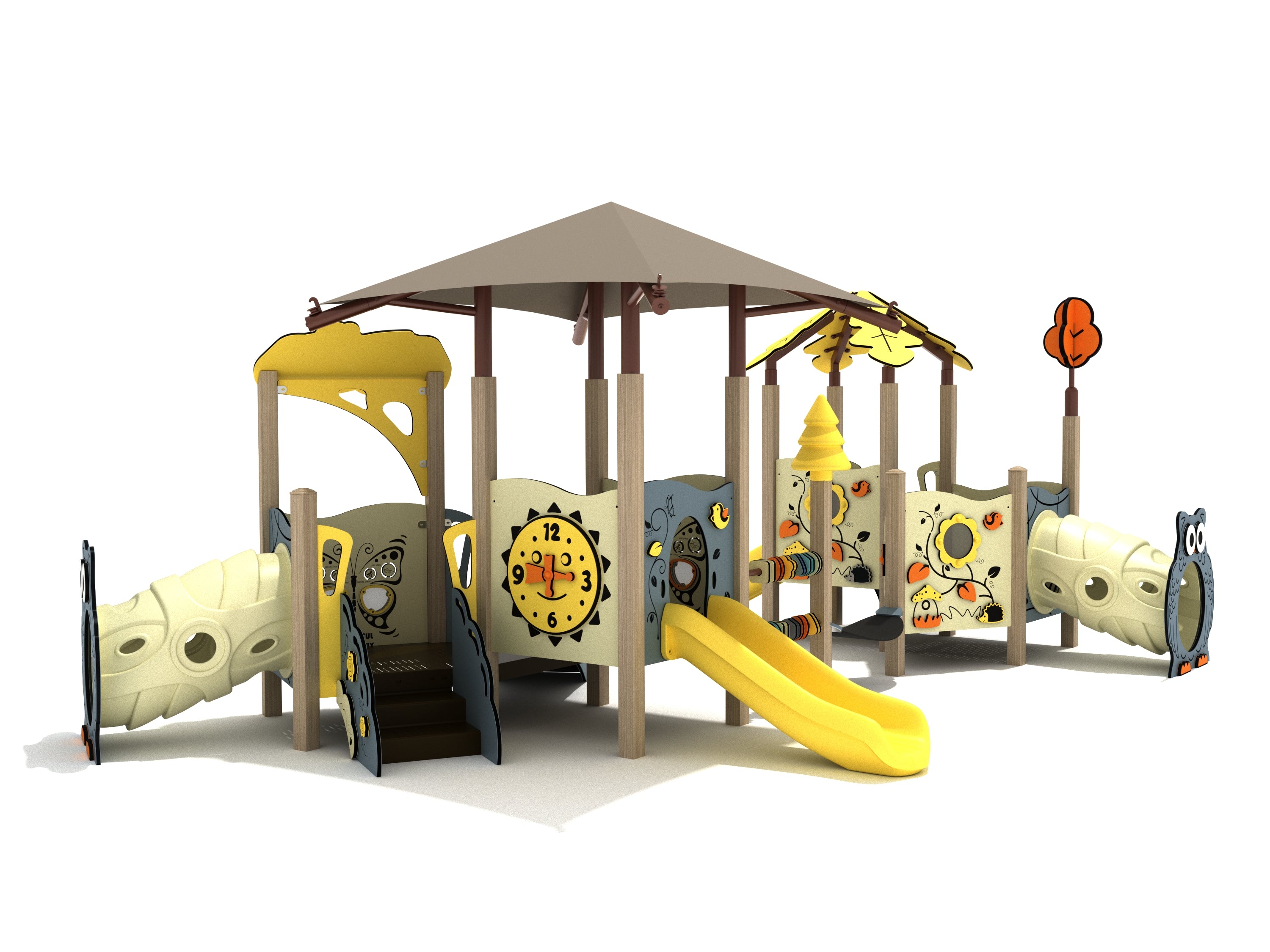 Toddler play structure with yellow slides, crawl tunnels, activity panels, and canopy roof in nature-inspired design