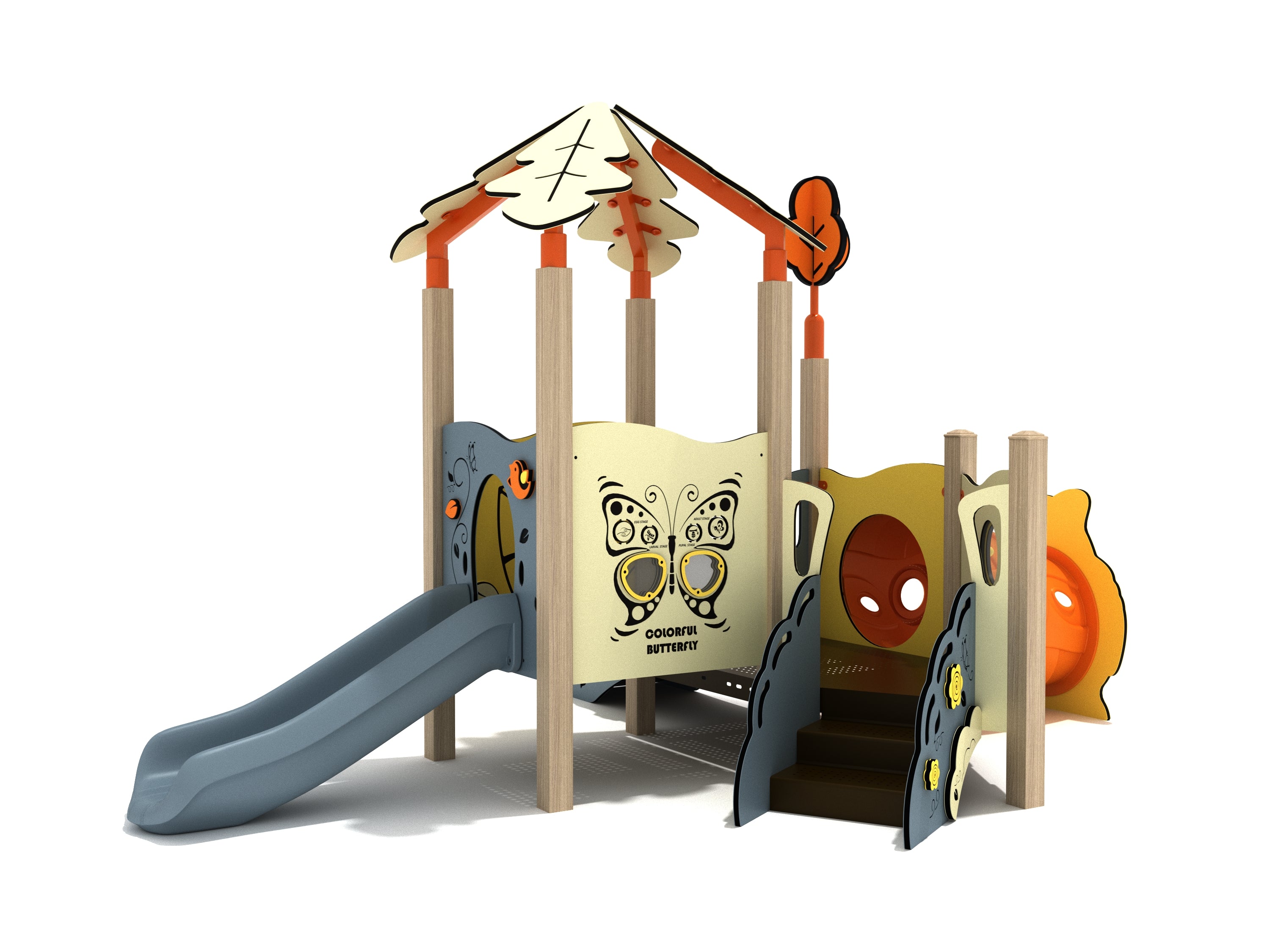 Toddler play structure with butterfly panels, slide, crawl tube, and leaf-shaped canopy in natural tones