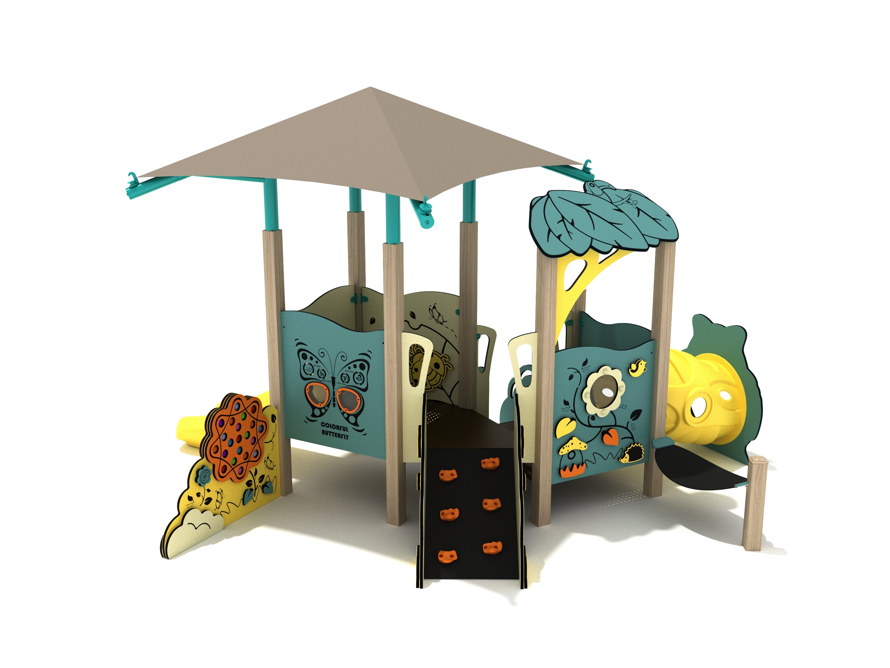 Toddler play structure with shaded canopy, butterfly and flower panels, climbing ramp, and yellow tunnel slide