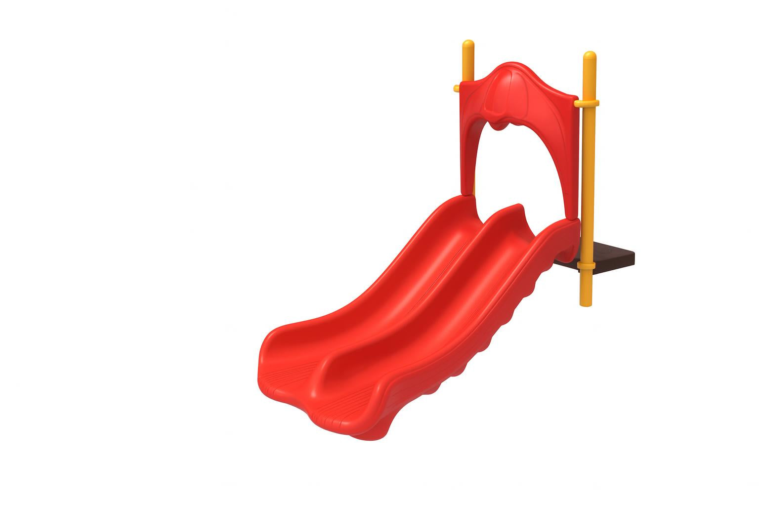 3 Foot Double Straight Embankment Slide with red dual lanes, yellow supports, on grassy hillside with mulch landing for playgrounds