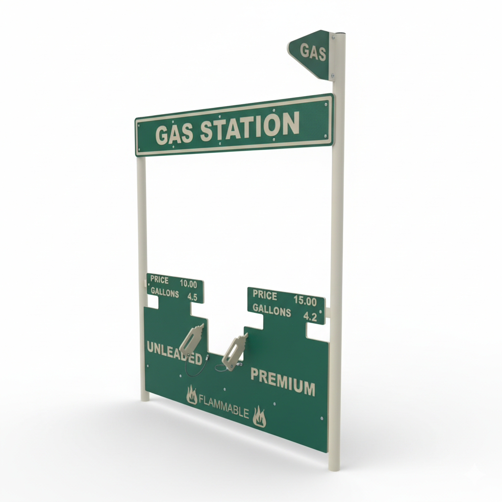 Green and white commercial playground gas station playset with interactive pump handles and signage for imaginative outdoor role play.