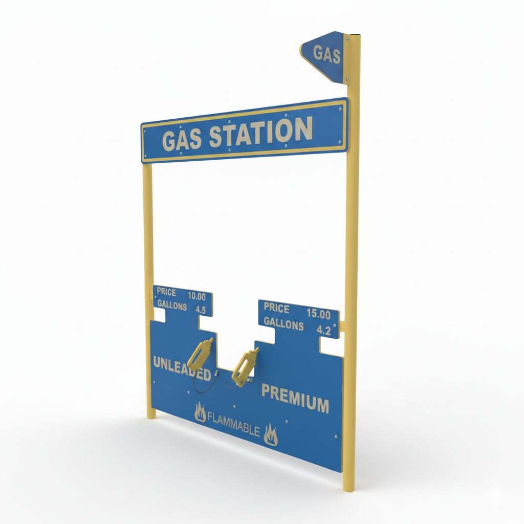 Blue and yellow commercial playground gas station playset with interactive pump handles and signage for imaginative outdoor role play.