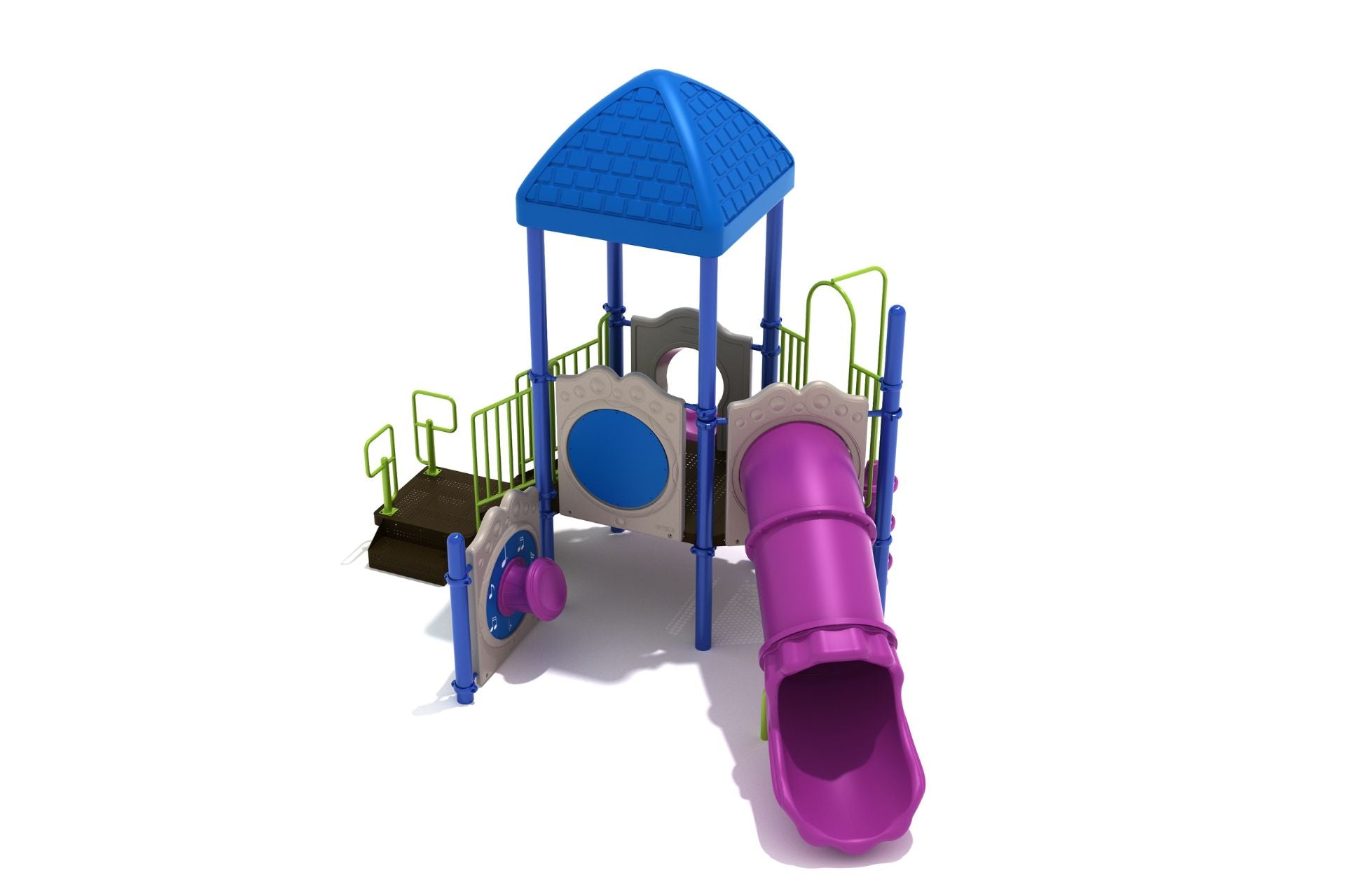 Grays Peak Playground with blue square roof, purple enclosed tube slide, green railings, drum and maze activity panels, wave slide