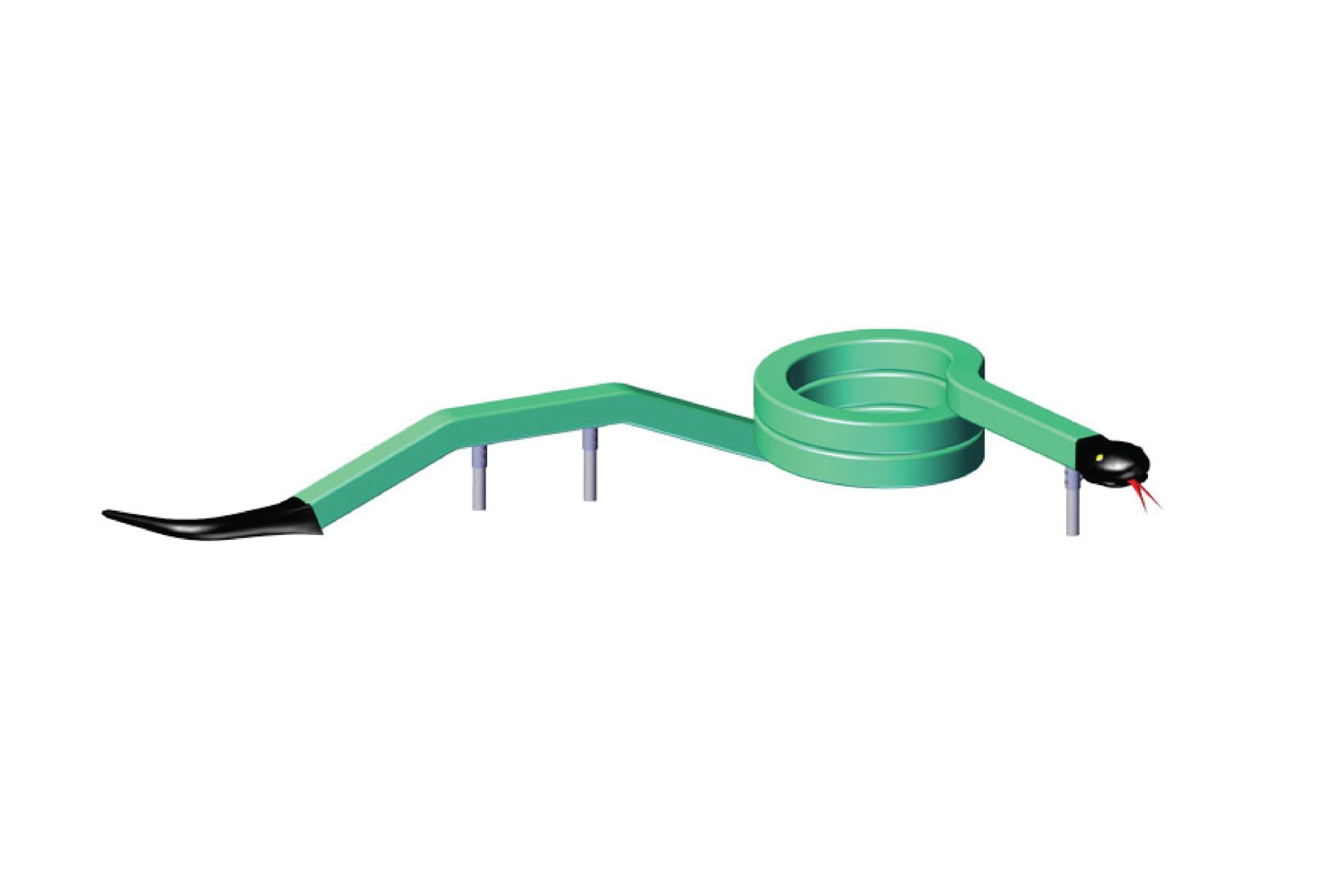 Green Mamba climbing equipment with winding green snake-shaped balance beam, coiled sections, black head, and red tongue