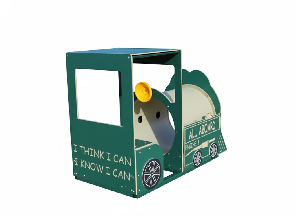 Train Engine playground equipment with green and cream crawl-through tunnel, yellow horn, metal bar seat for two, and steering wheel