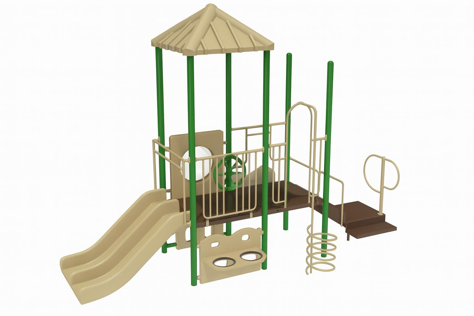 Sportsplay Play System with triple wall slide, double straight slide, tic tac toe panel, bubble panel, roof, corkscrew climber, guard wall, and sand and water table panel in beige and green