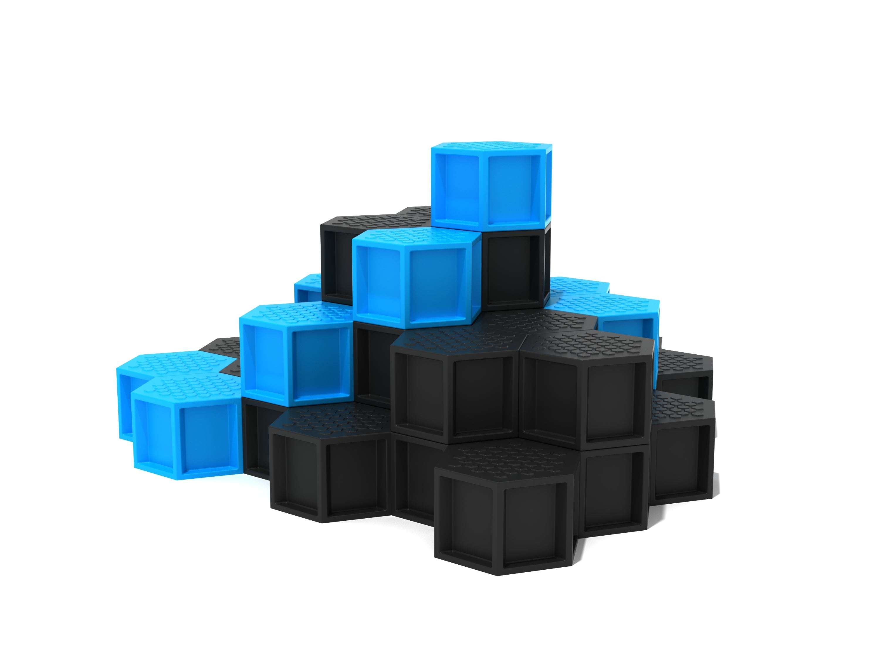 Tiered hexagonal climbing structure with textured blue and black platforms for playground activity