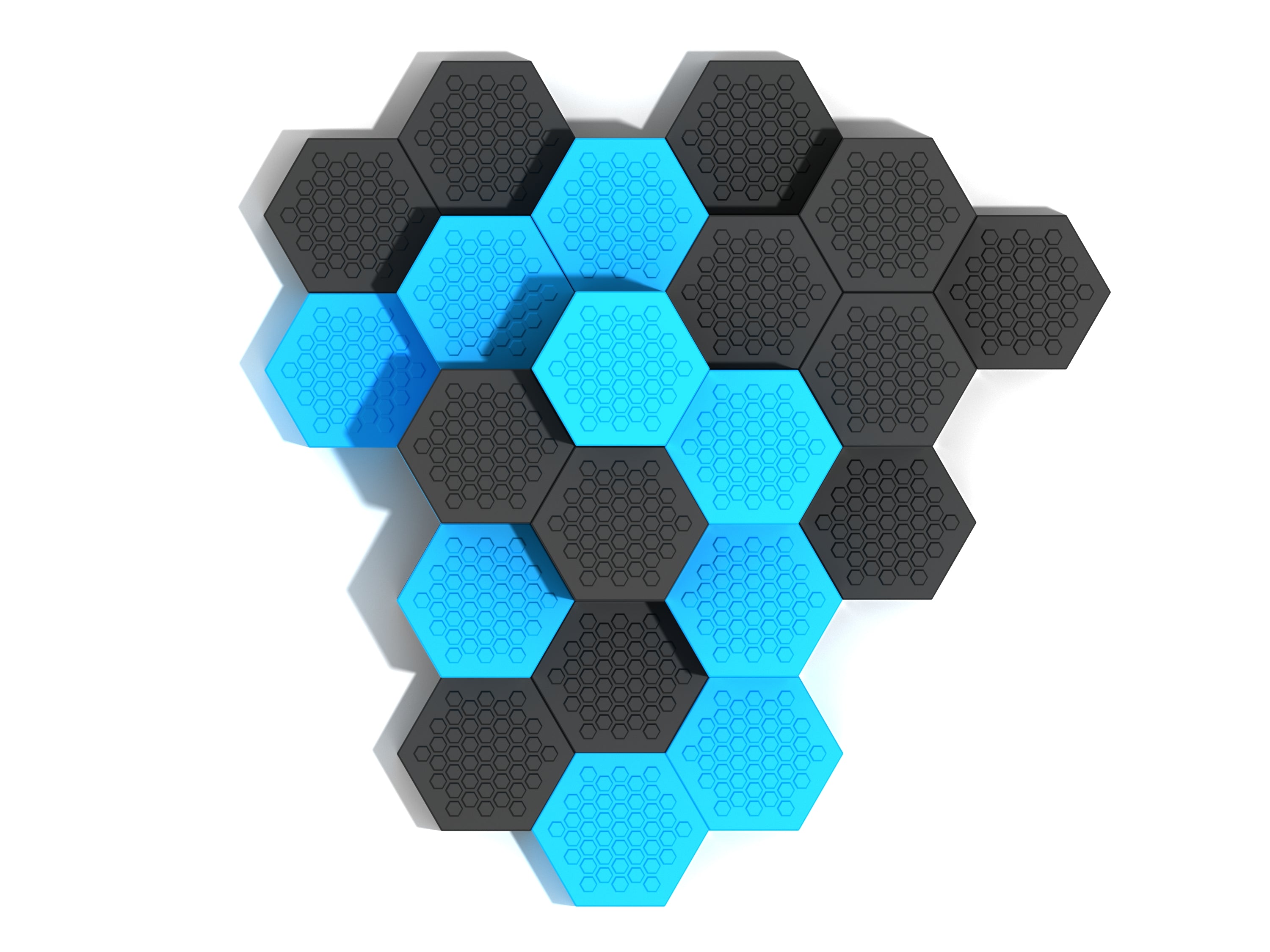 Overhead view of tiered hexagonal climbing platforms in blue and black with textured honeycomb patterns for playground activity